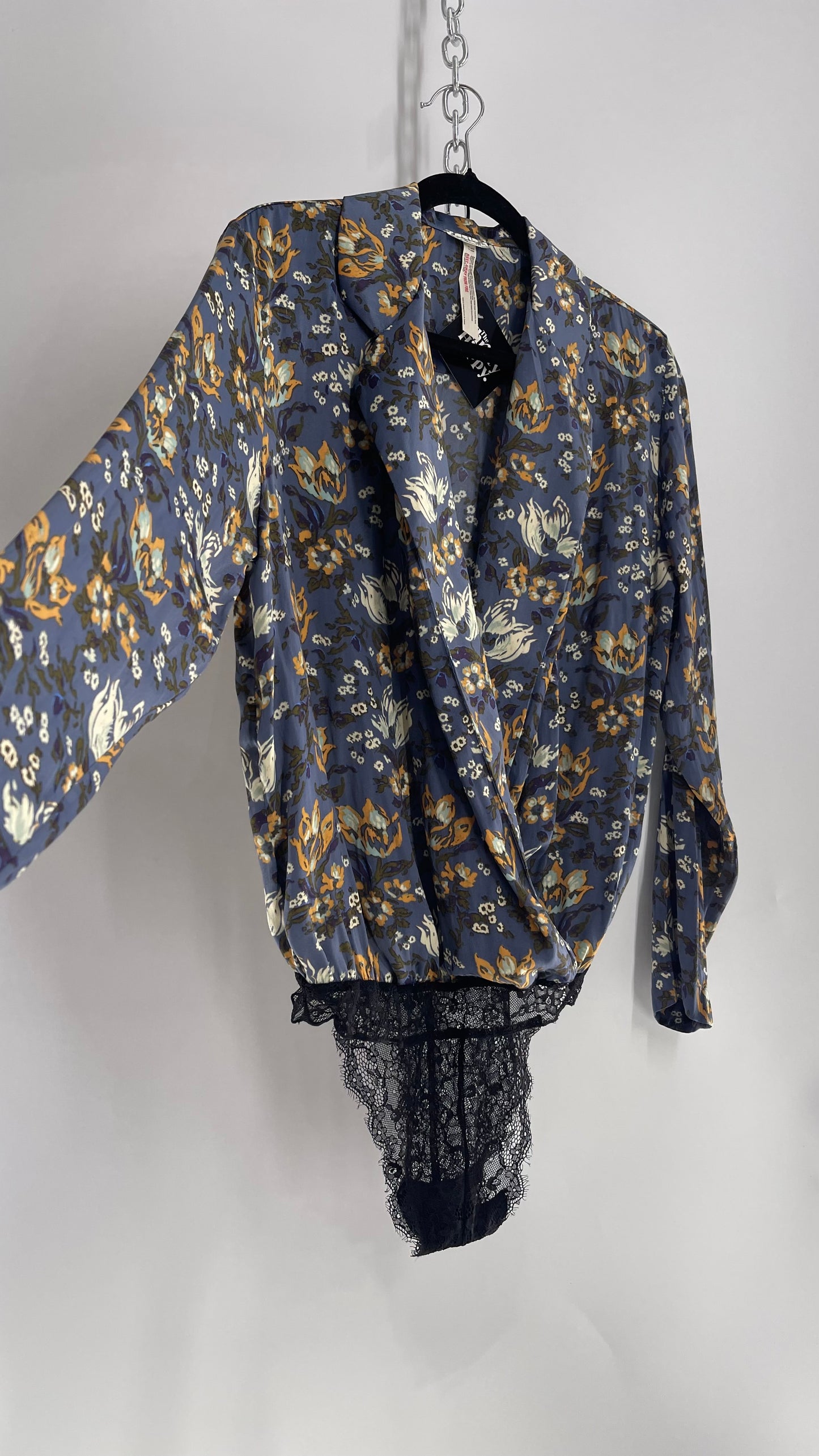 Free People Blue Floral Silky Bodysuit with Plunging Lapels (XS)