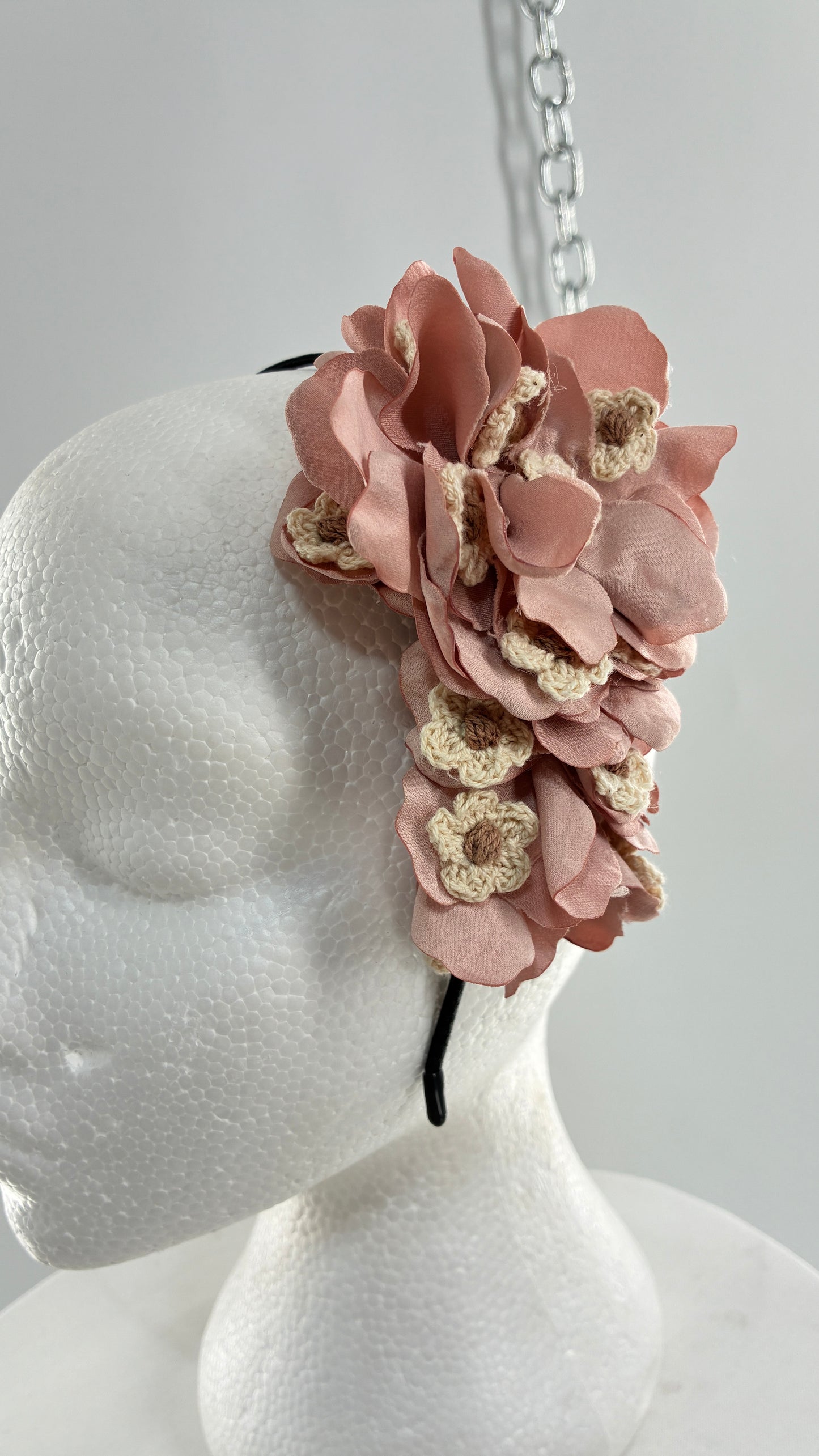 Vintage Handmade FARMER Headband with Pink Petals and Crochet Florals