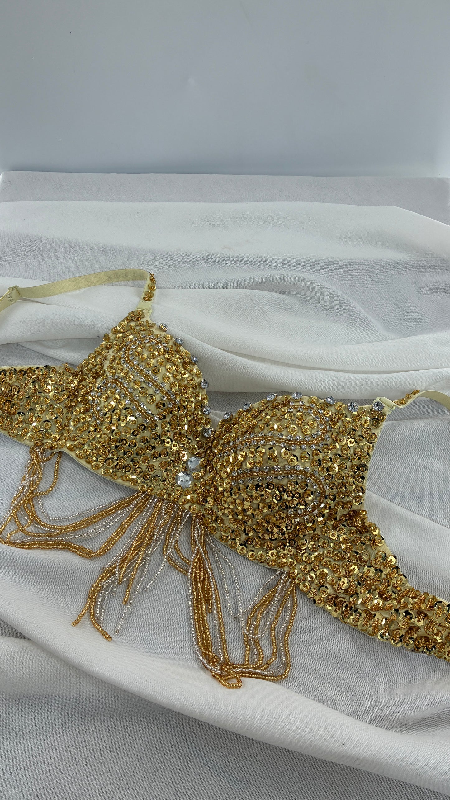 Vintage Gold Sequin Bra with Beaded Draping and Crystal Lining (34)