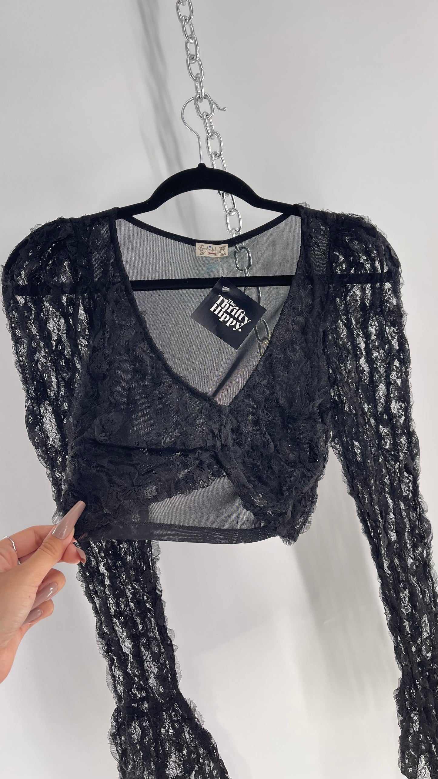 Intimately Free People Black Rosette Mesh Cropped Long Sleeve (XS)