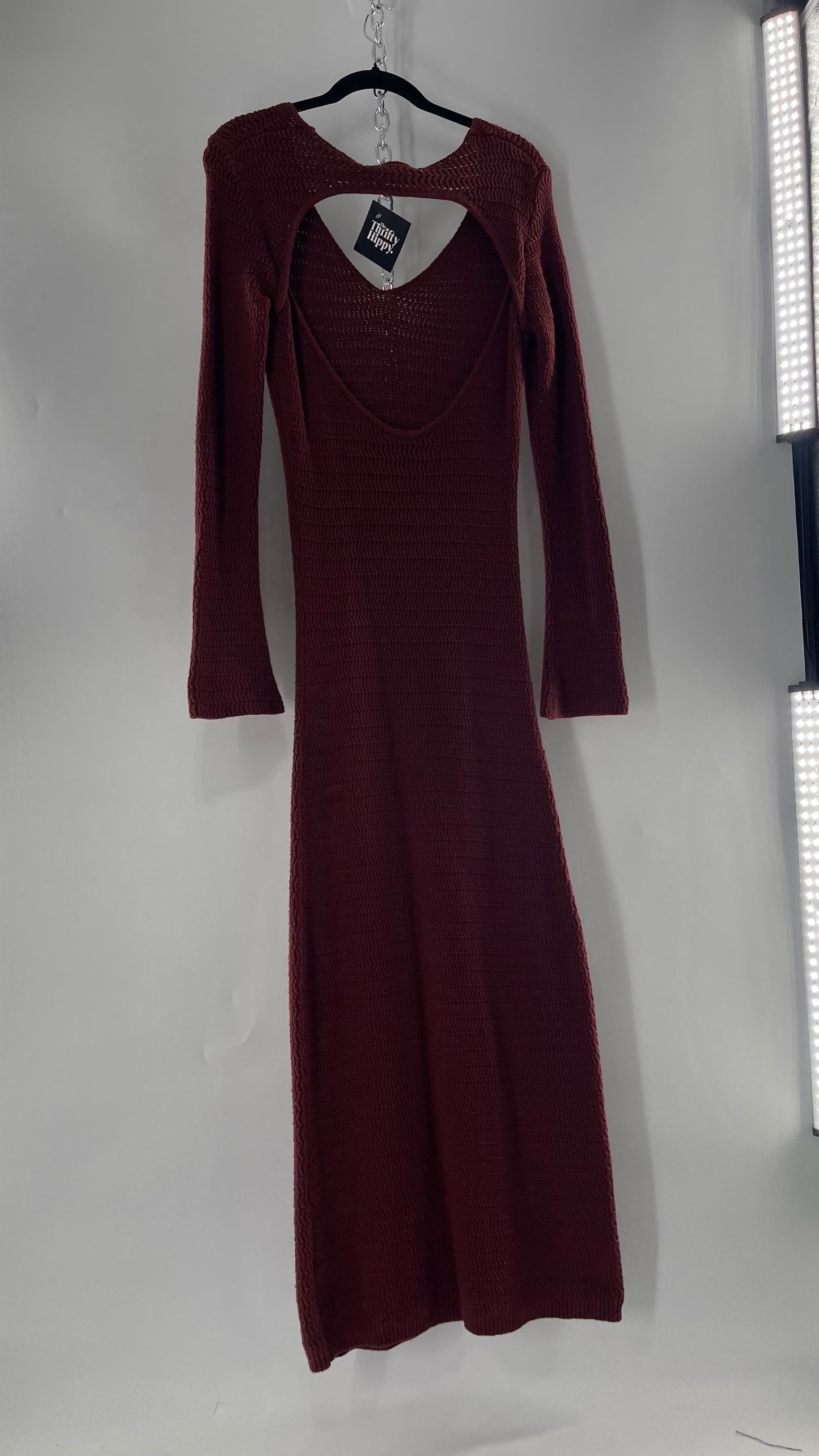 Free People Burgundy Knit Long Sleeve Maxi with Open Back (Large)