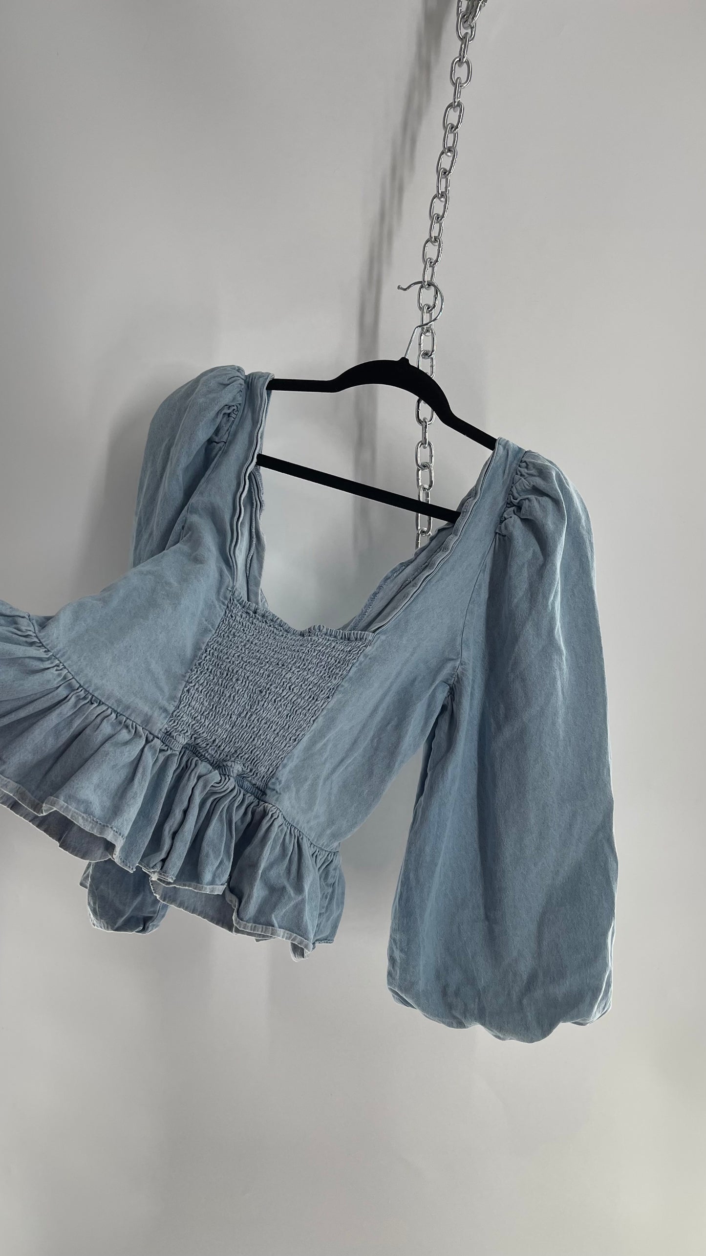 Love the Label Light Wash Denim Puff Sleeve, Ruffled Waist, Tie Bust Blouse (Large)