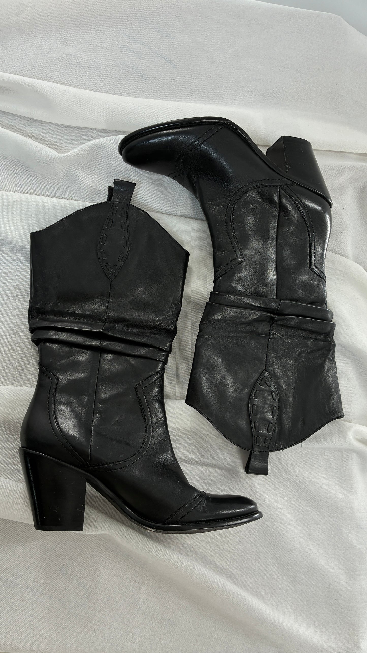 Vintage BCBG Black Genuine Leather Stacked Cowboy Boot (7.5)