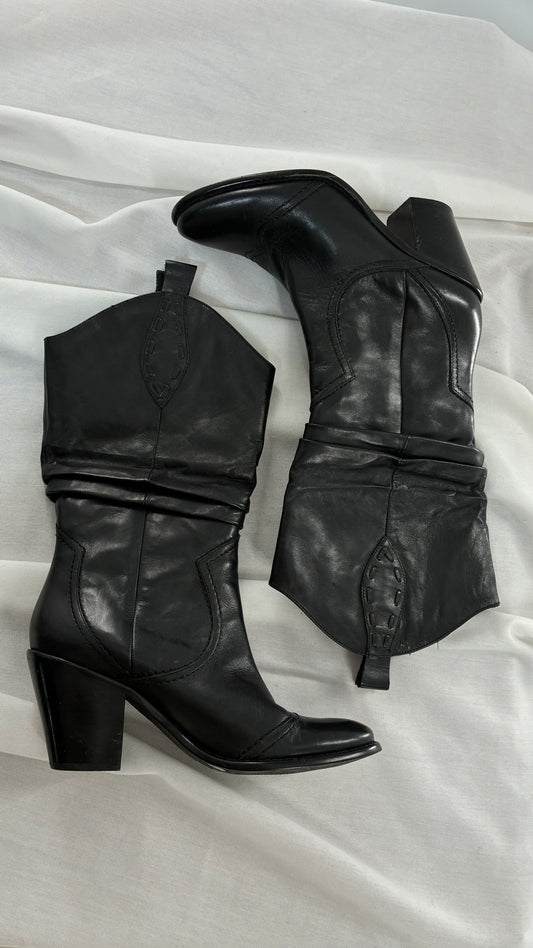 Vintage BCBG Black Genuine Leather Stacked Cowboy Boot (7.5)