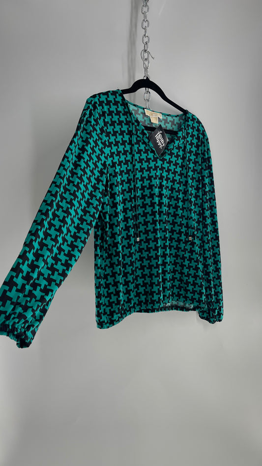 Michael Kors Teal Houndstooth Blouse (Petite Large)