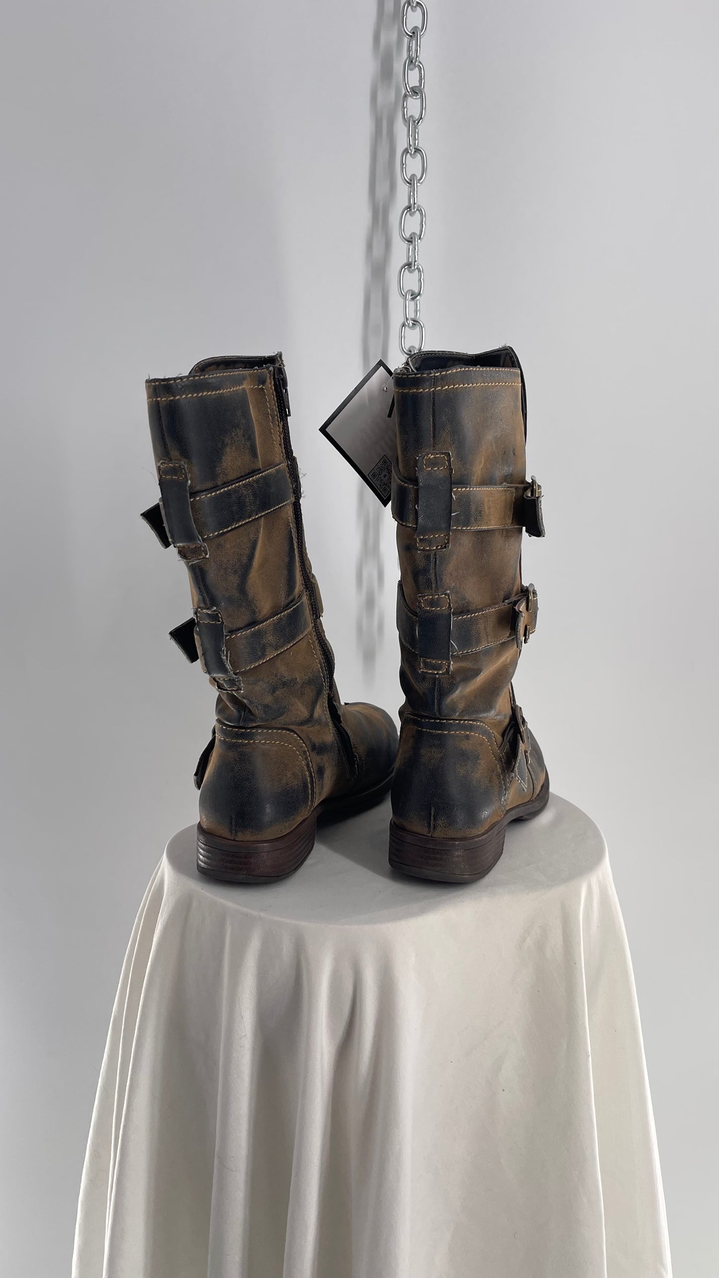 Vintage Mixed Tone Triple Buckle Boots (7.5)