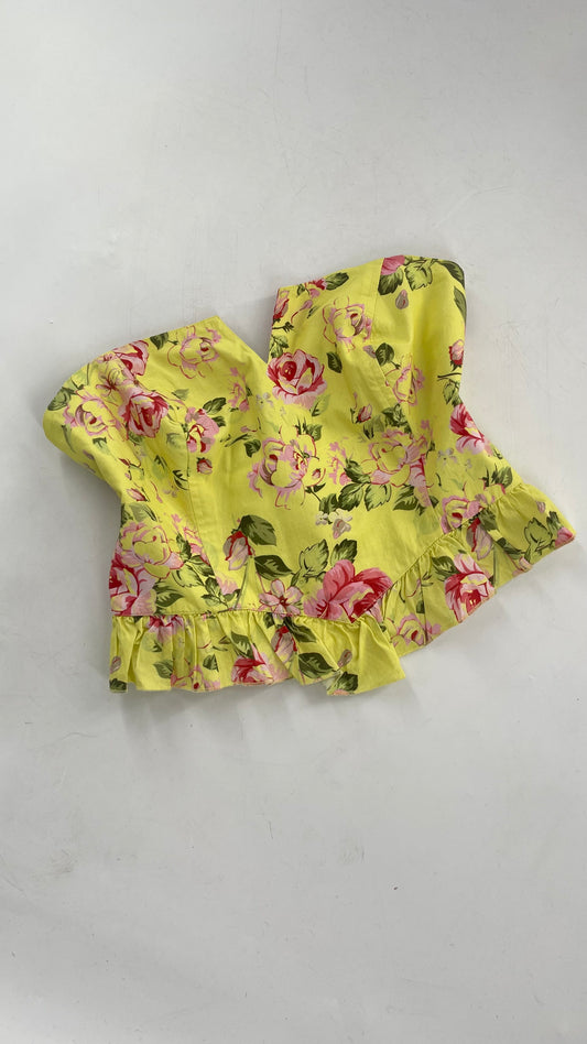 Upcycled Urban Outfitters Yellow Floral Corseted Top with Sweetheart Neckline and Ruffled Hem (Large)
