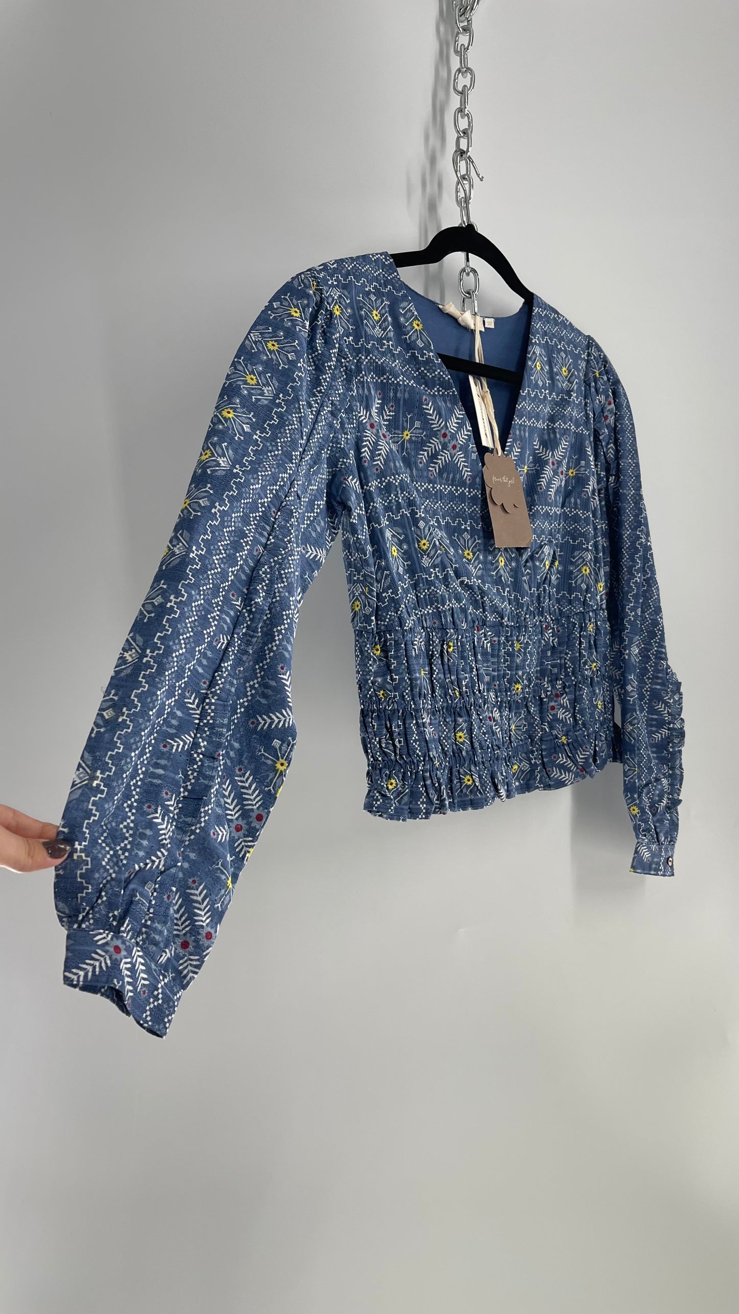 Flower That Girl Anthropologie Blue Patterned Blouse with Tags Attached (XS)