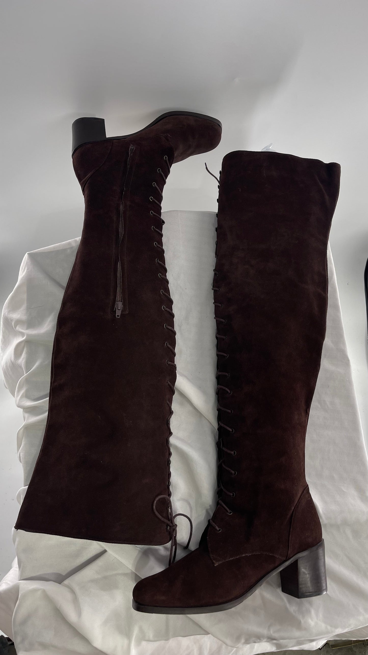 Vintage Kenneth Cole Over the Knee Brown Genuine Suede Leather Combat Boots (8.5)
