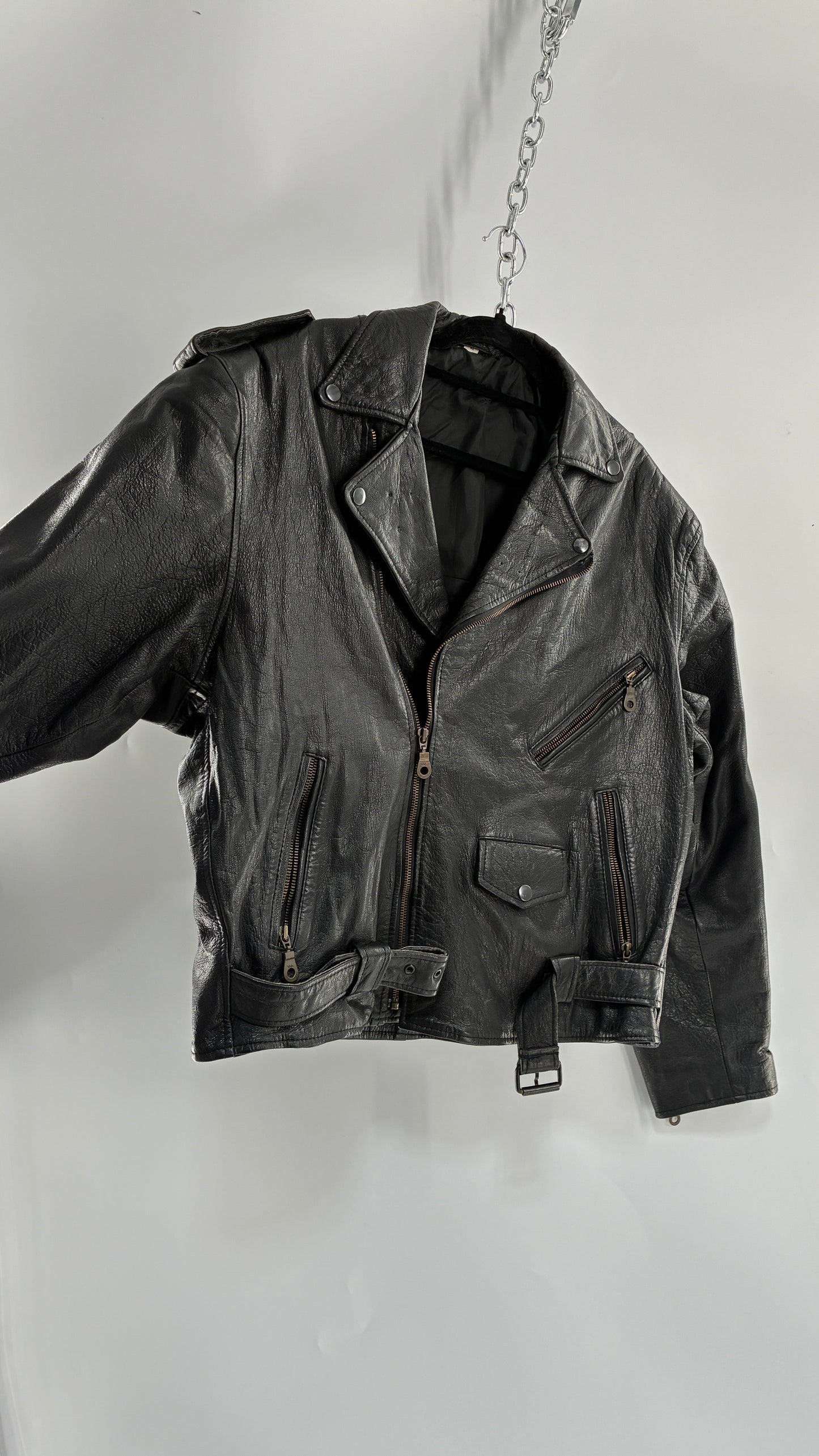 Vintage Black Genuine Leather Motorcycle Jacket (XL)