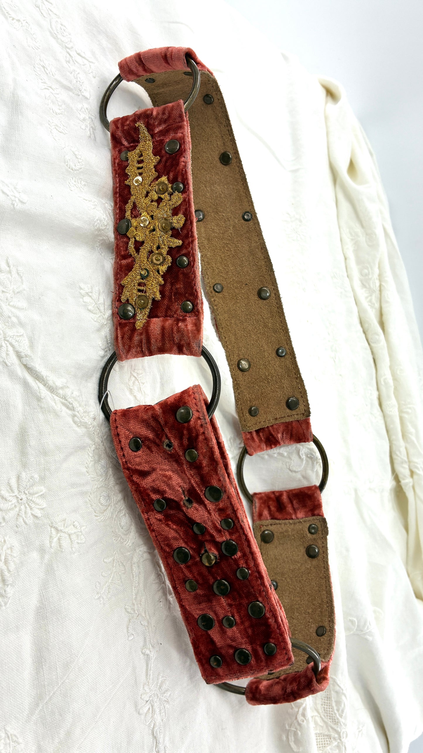 Vintage BETSEY JOHNSON Crushed Velvet Salmon Belt with Gold Appliqué and Metal Studs (Small)