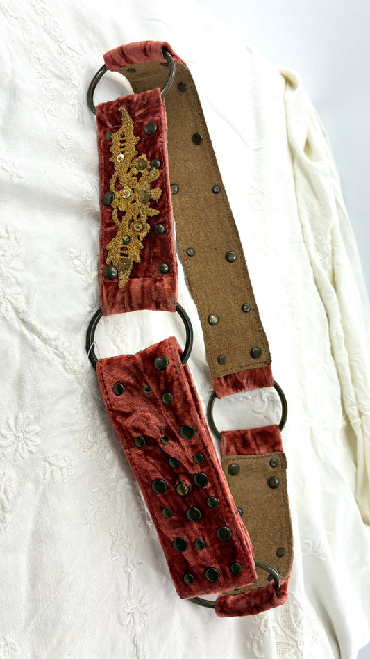 Vintage BETSEY JOHNSON Crushed Velvet Salmon Belt with Gold Appliqué and Metal Studs (Small)