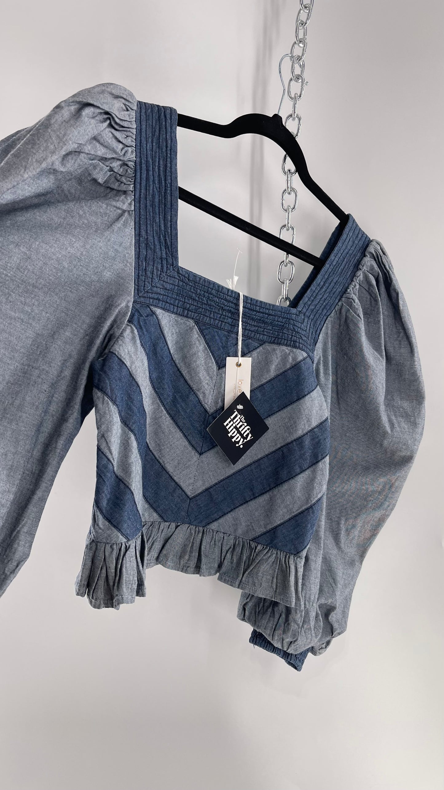 Love the Label ANTHROPOLOGIE Chambray, Chevron, Denim Smocked Blouse with Dramatic Sleeves and Tags Attached (Small)