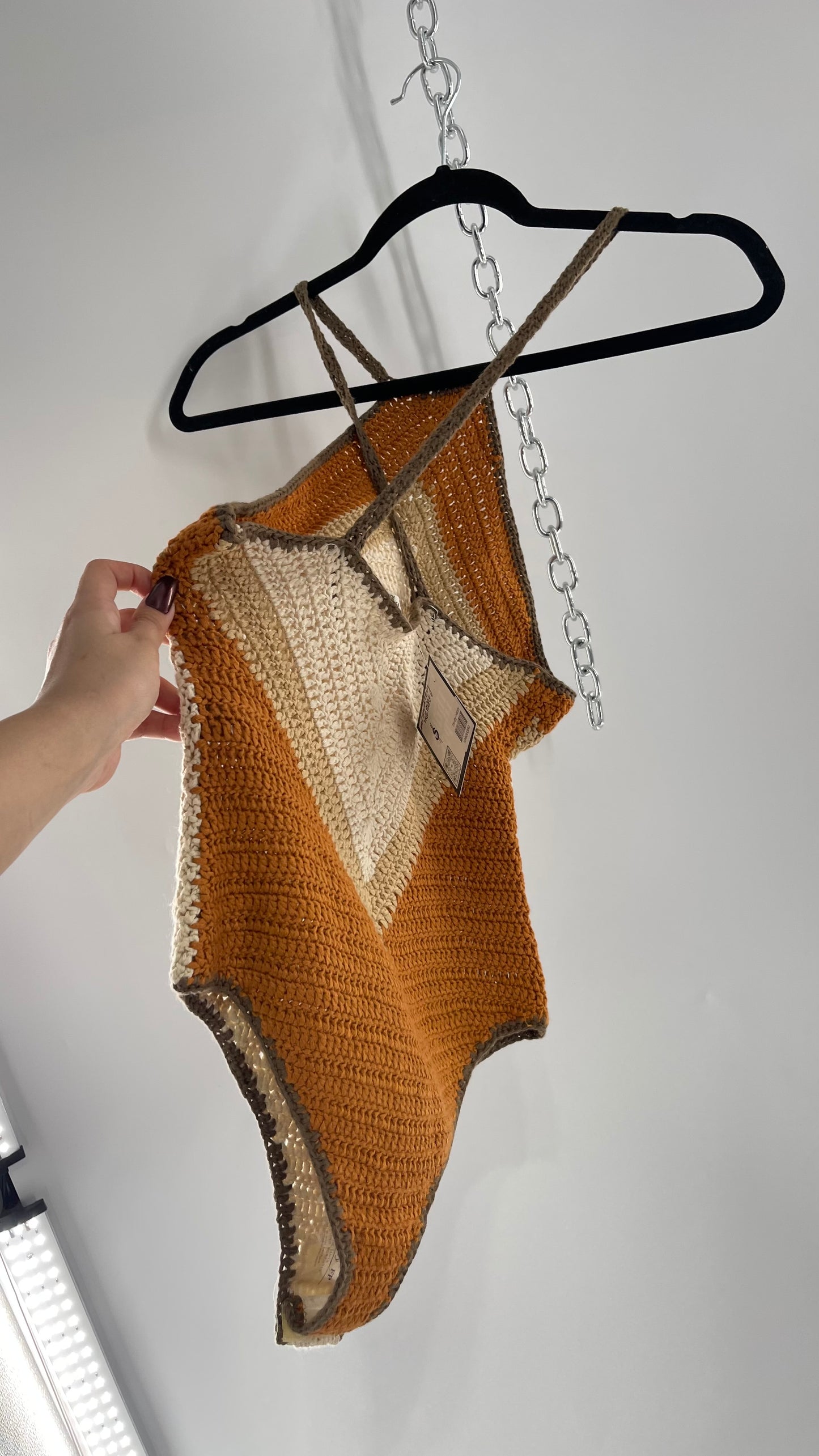 Intimately Free People Brown, Beige, Orange Crochet Knit Bodysuit (XS)