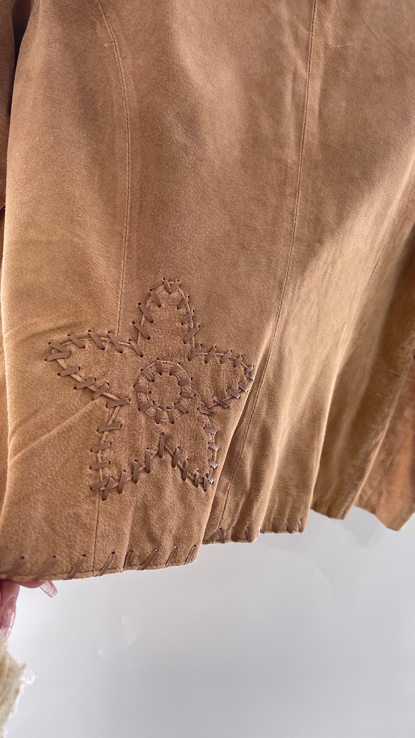 Vintage Rare Light Brown Genuine Suede Blazer with Embroidered Suede Flower and Contrasting Thick Leather Stitching (Medium)
