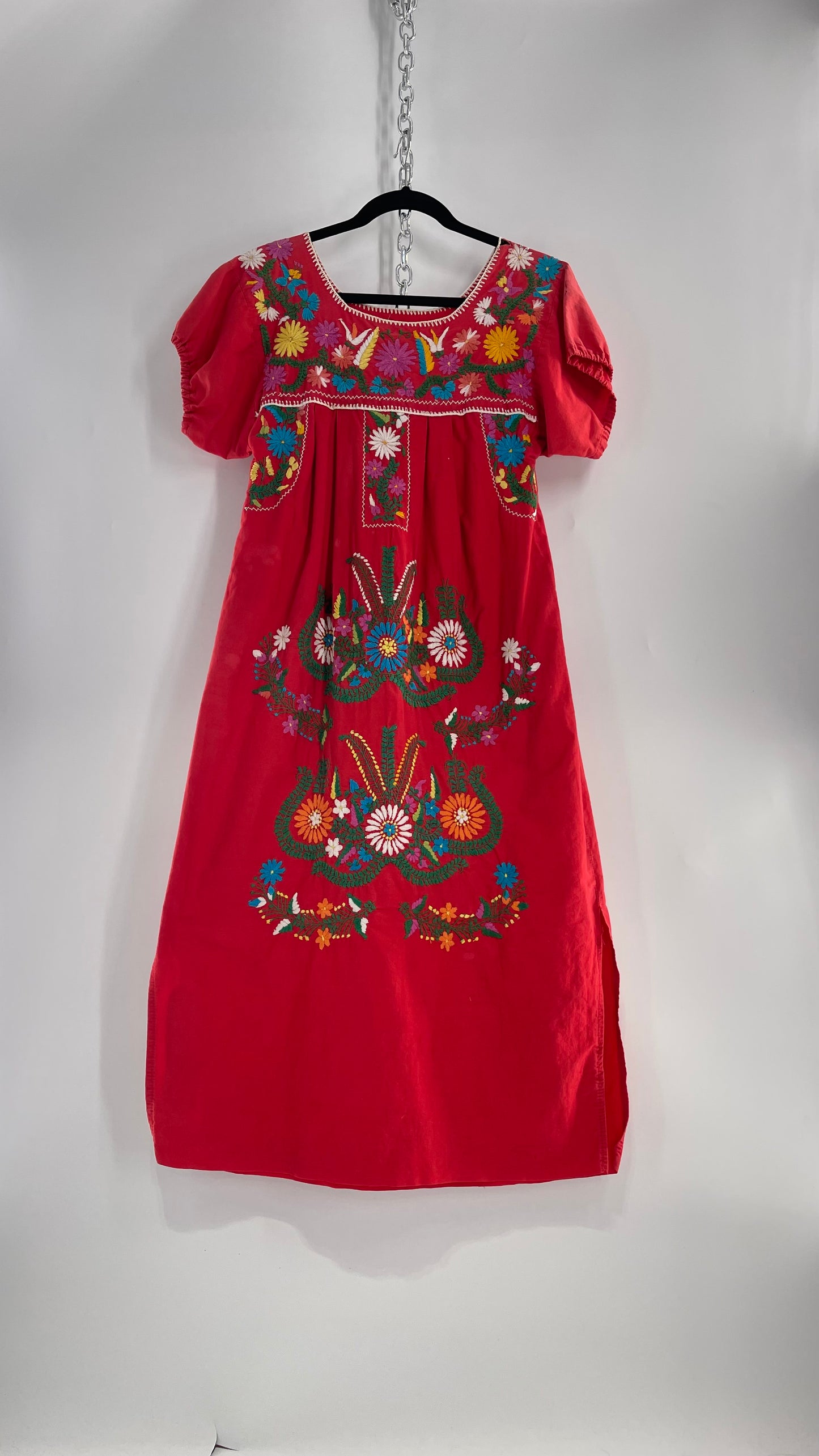 Vintage 1970s Red Cotton Dress with Hand Embroidered Florals Imported from Mexico (Small)