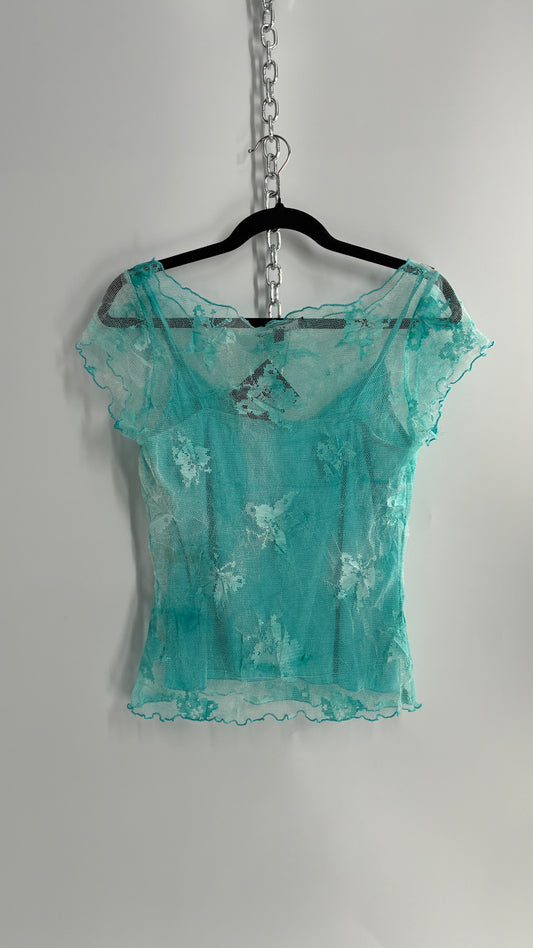 1990s VINTAGE Butterfly Baby Blue Mesh Blouse (Large)