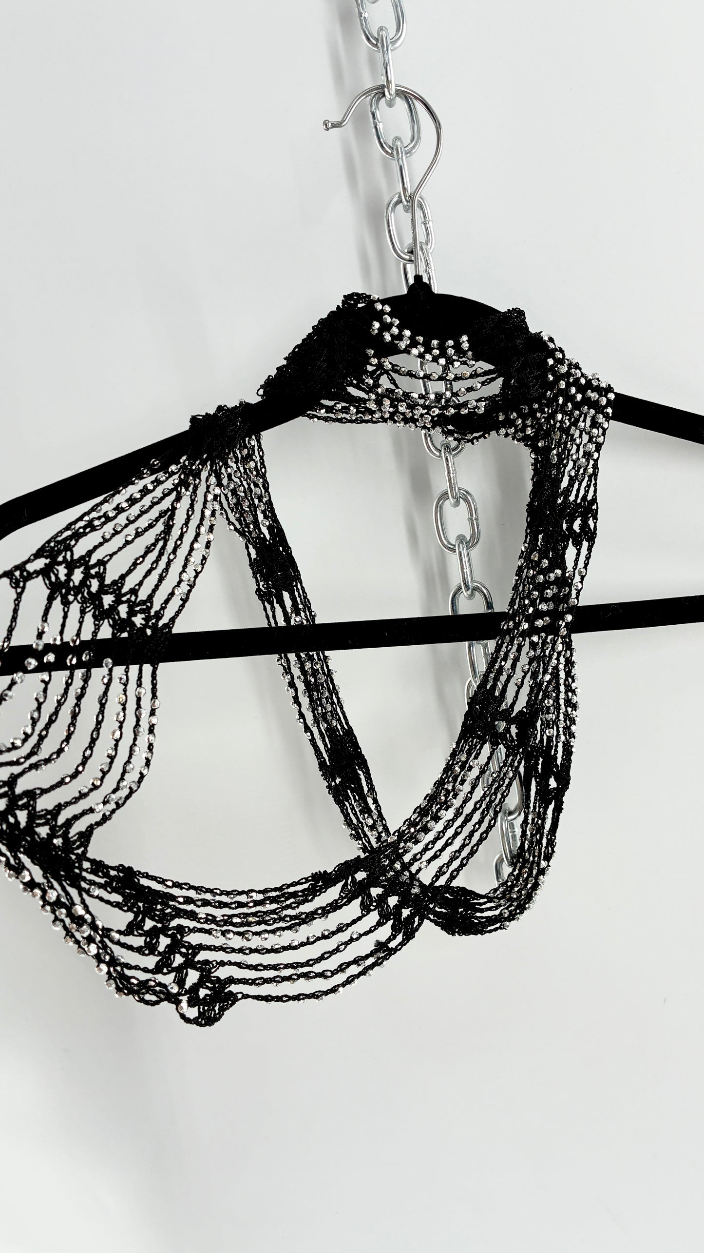 Vintage Black Crochet Infinity Scarf with Silver Pebble Beading