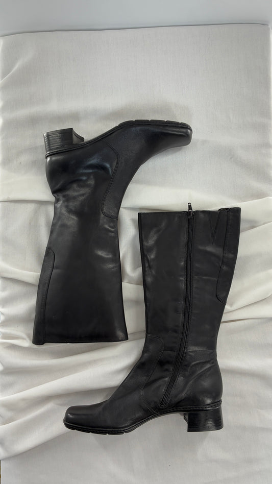 Vintage Bandolino Genuine Leather Black Square Toe Knee High Boots (9.5)