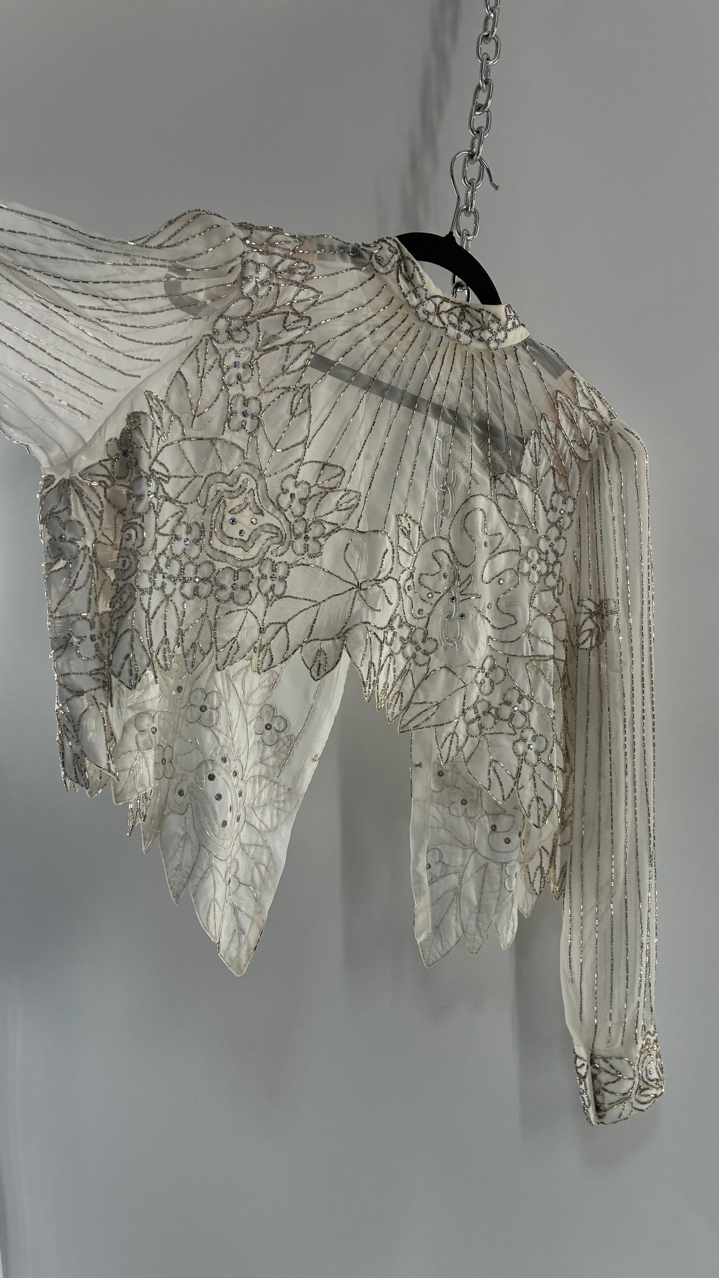 Vintage Sheer White Bridal Beaded Open Back Floral Blouse with High Neck (Medium)