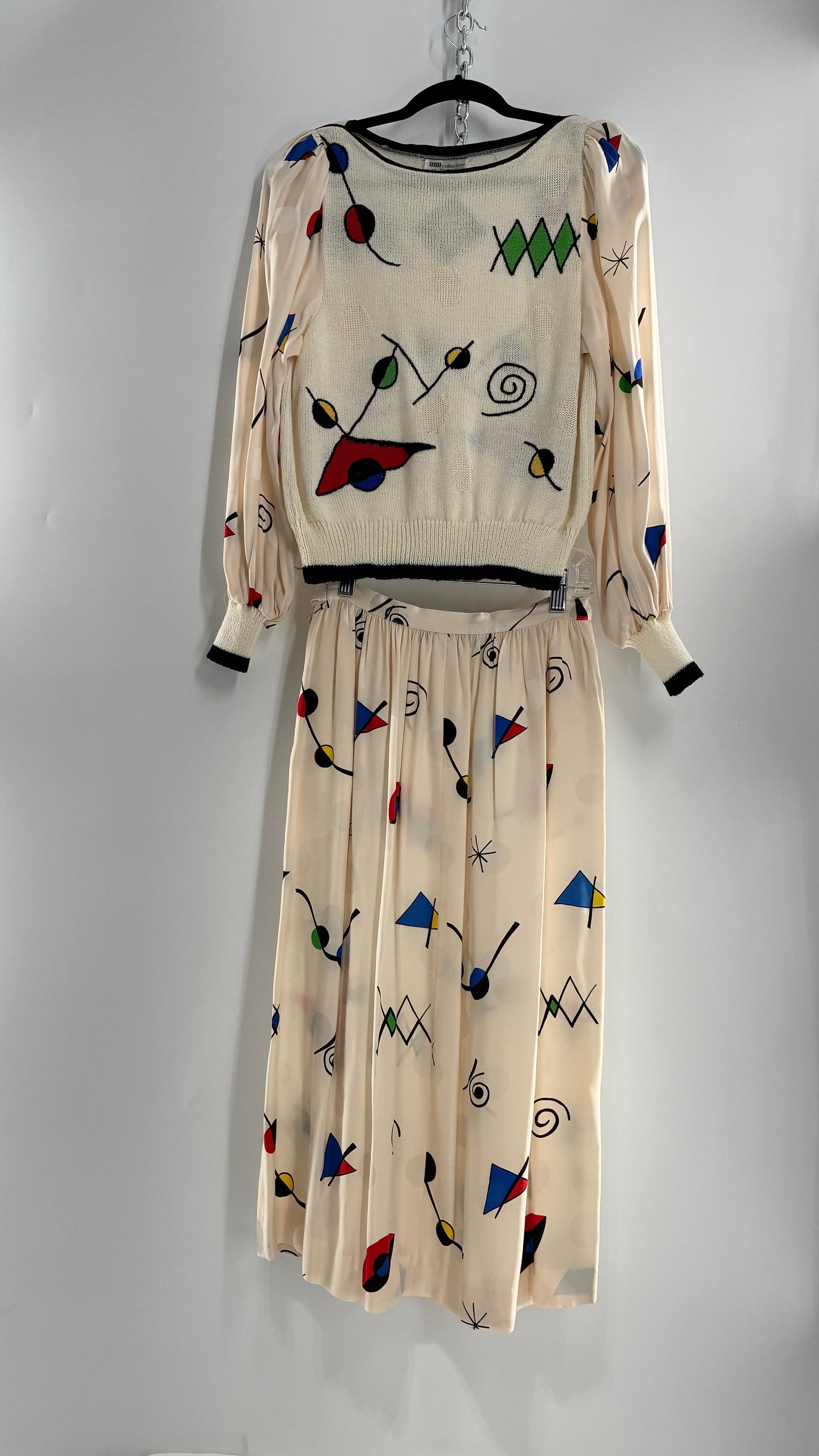 Vintage 1980s UMI collections by Anne Crimmins Off White 2 Piece Set with Abstract Embroidered Designs and 100% Silk Polka Dot Print Skirt (Medium Sweater, 8 Skirt)