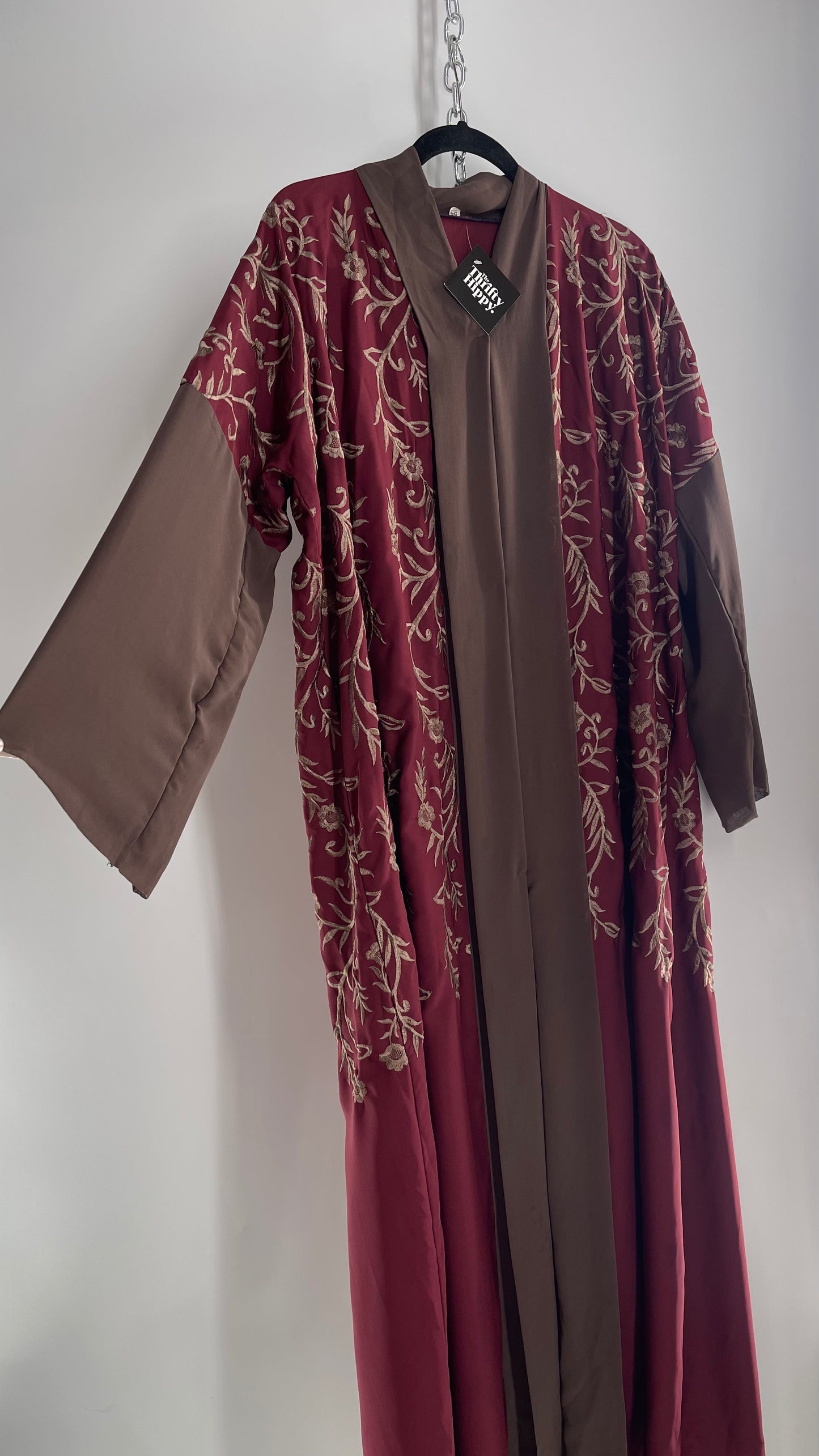 Vintage Embroidered Burgundy Sweeping Duster Coat/Cape with Tan Embroidery