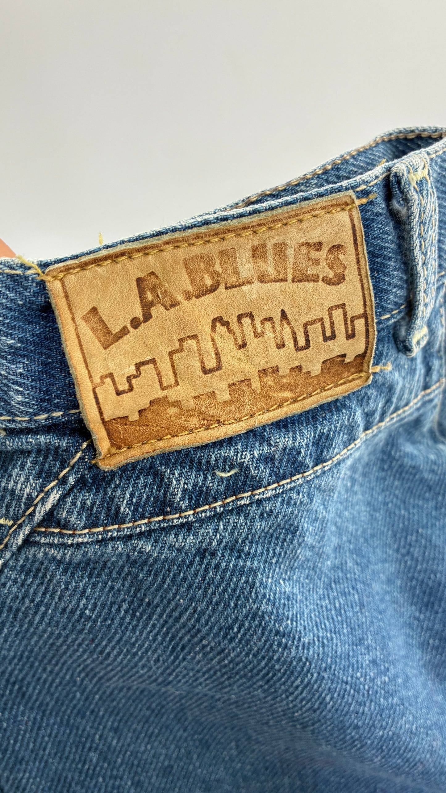 Vintage LA BLUES 1990s High Waisted Denim Mini Skirt (XS/S)
