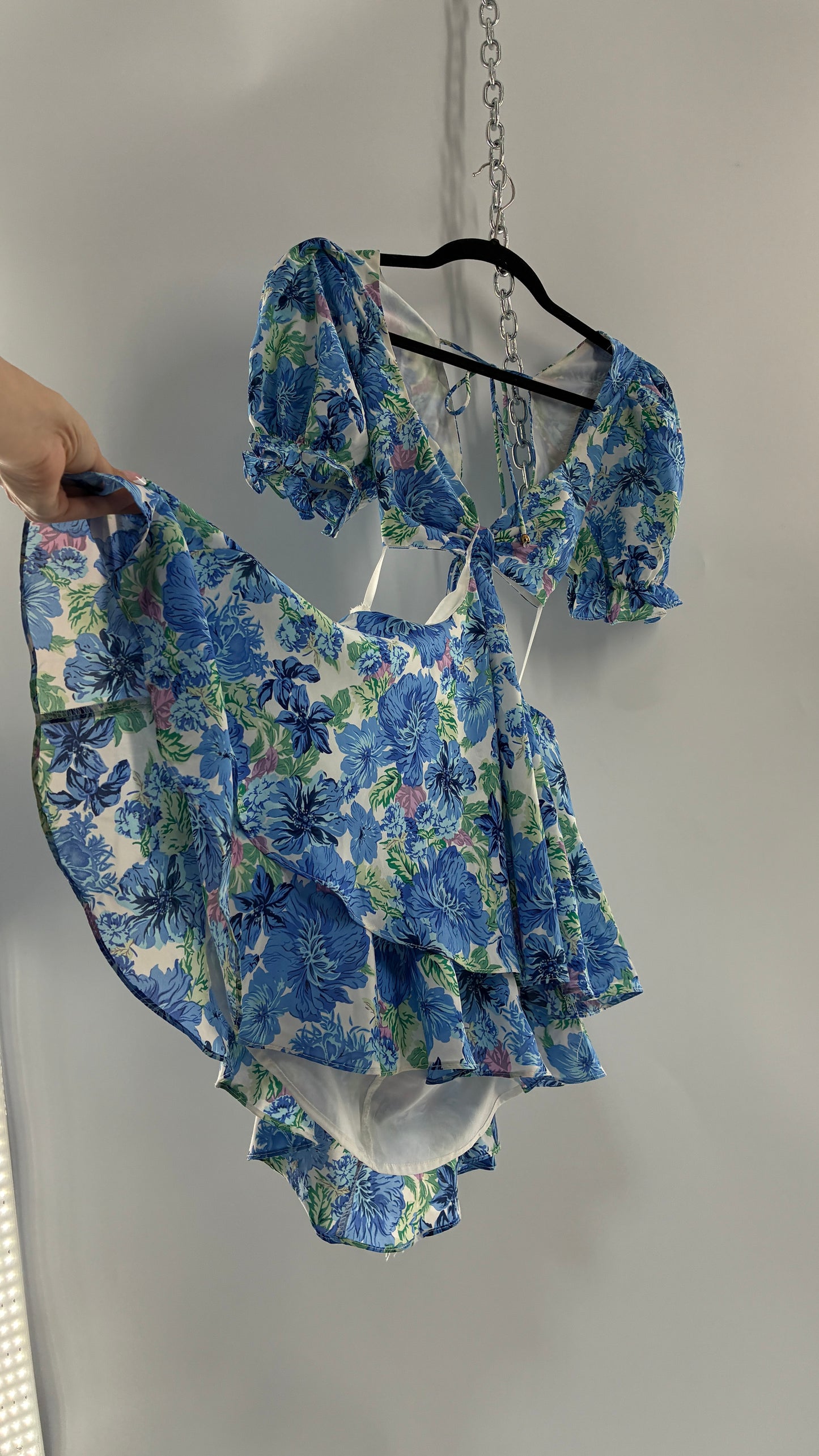 Hello Molly Blue Puff Sleeve Mini Dress with Completely Ruffled Sides and Tags Attached (XS)
