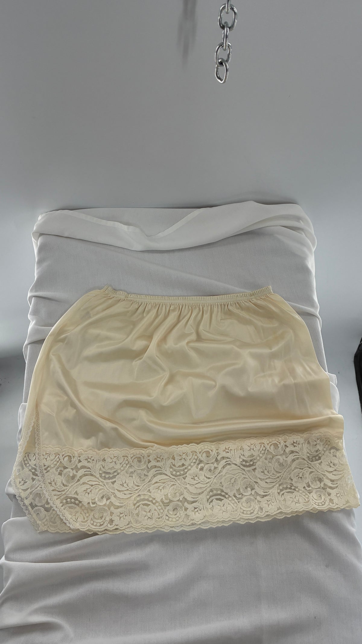 Vintage Vanity Fair Ivory Mini Slip Skirt with Slit and Wide Lace Trim (Medium)