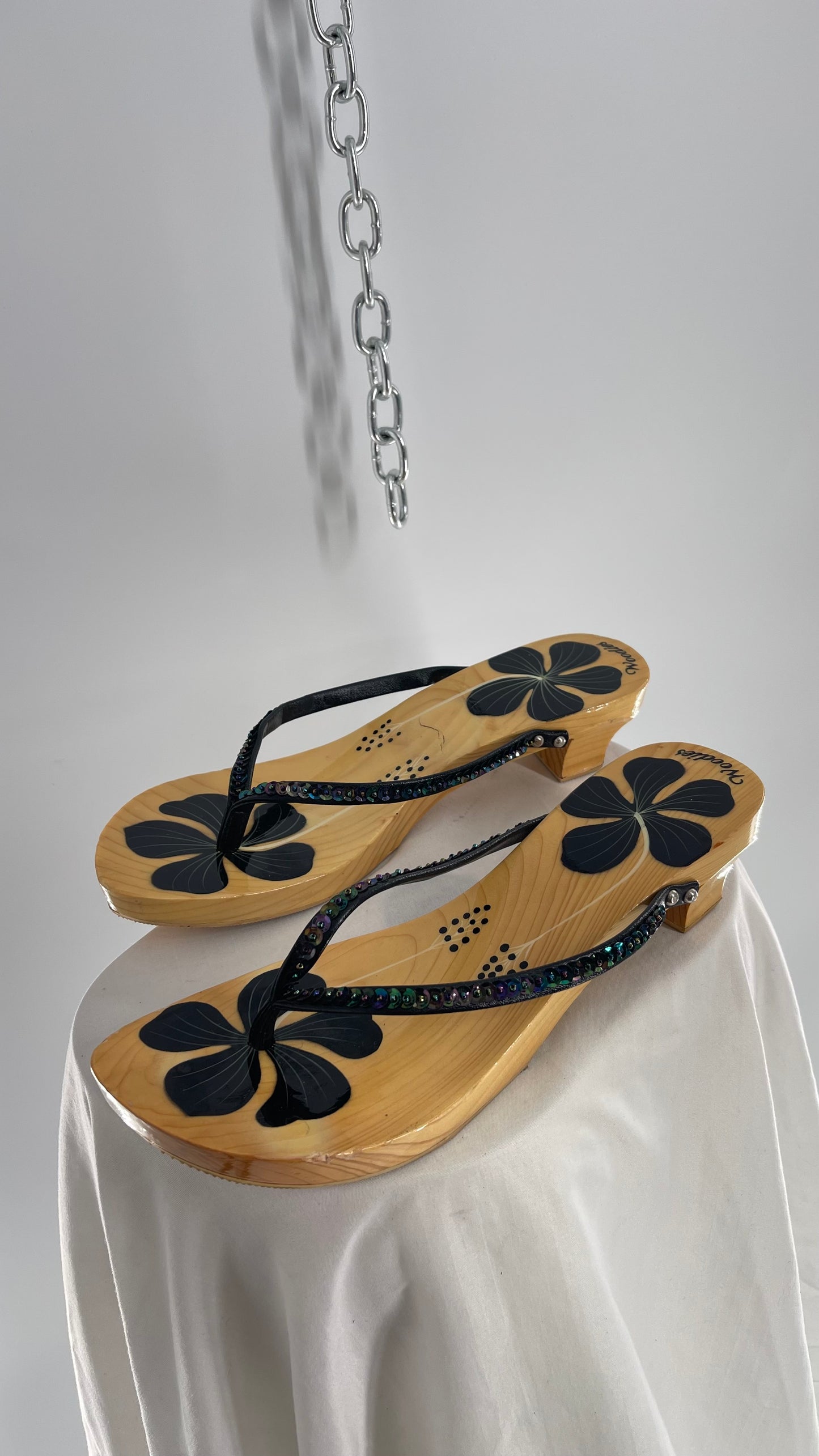 Vintage Woodies Wooden Sandal with Hand Painted Flowers and Leather/Sequin Strap (10)