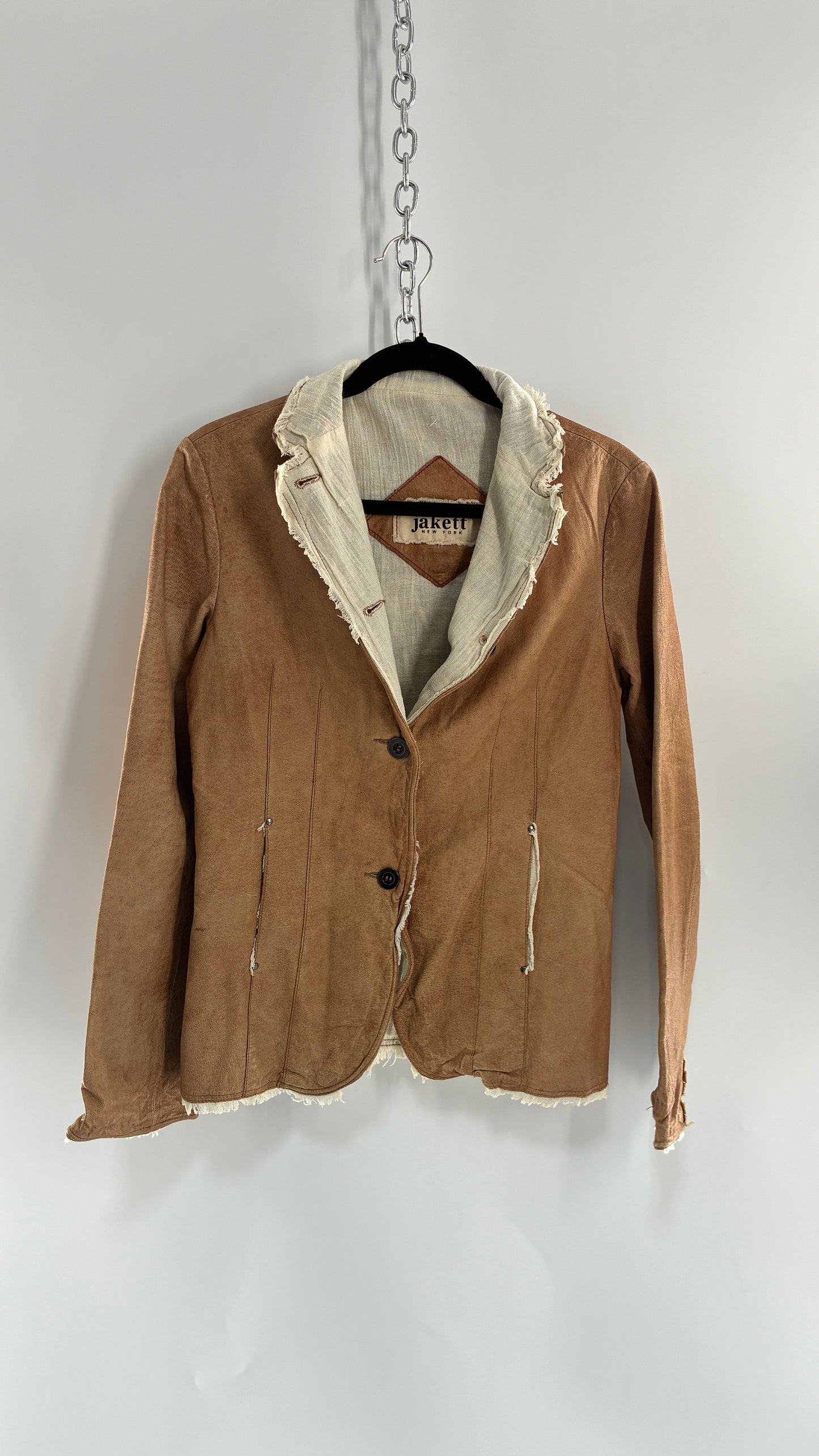 Vintage JAKETT Tan Leather Jacker with Cotton Raw Edge Trim+ Lining and buttoned Cuffs (Medium)