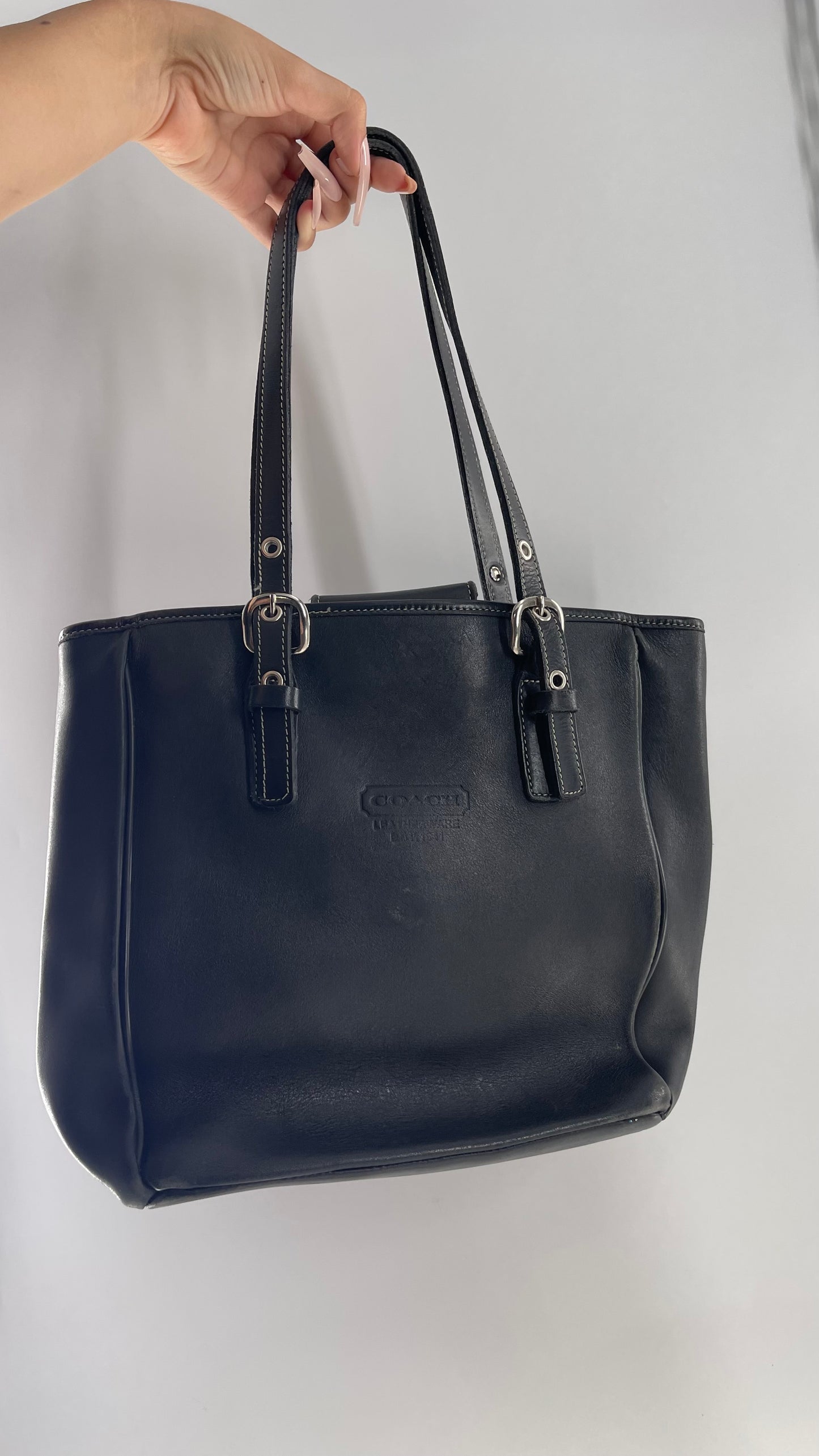 COACH Black Leather Tote Bag with White Stitching