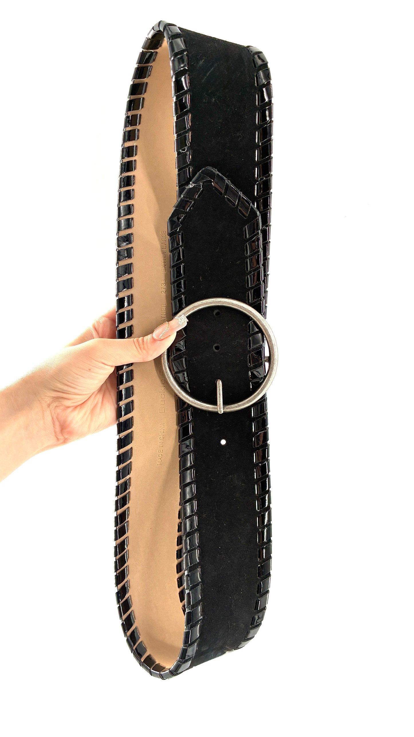 Vintage BUCKLE Black Genuine Suede Leather Wide Hip Belt with Oversized Silver Circle Buckle (XL)