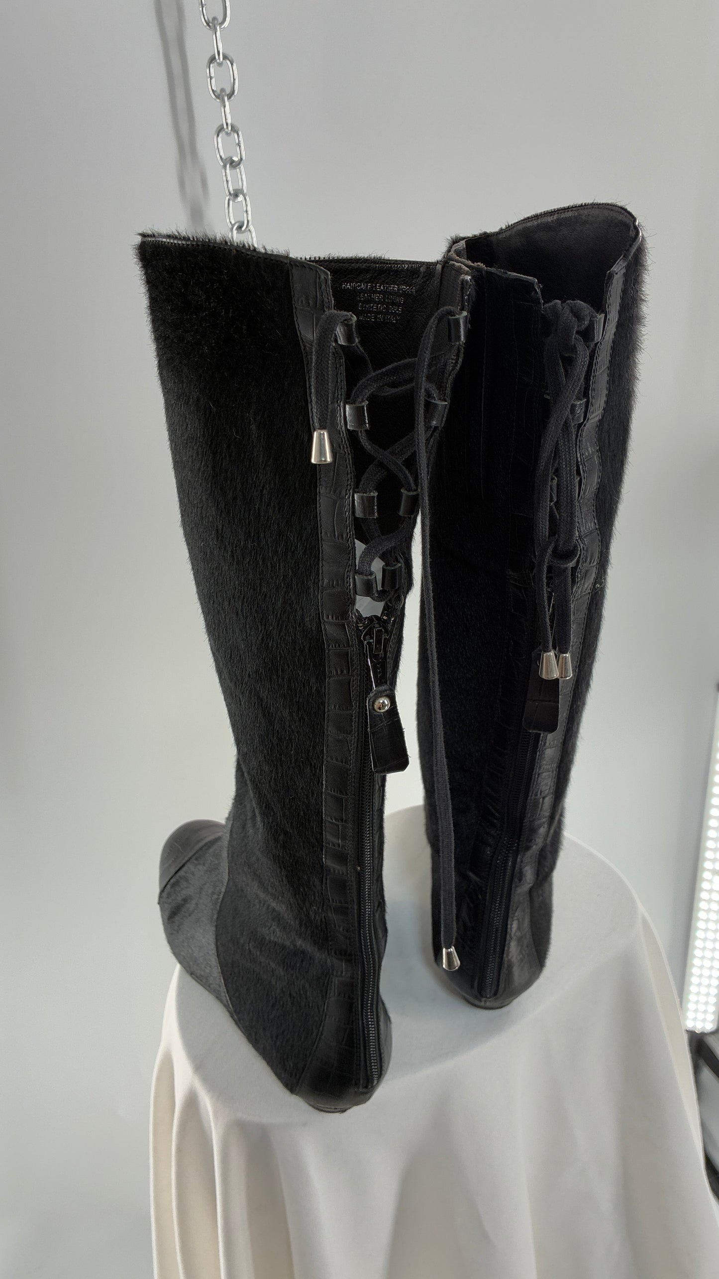 Vintage MIGLIORINI Black Genuine Calf Hair/Fur Boots with Heel, Made in Italy (7.5)