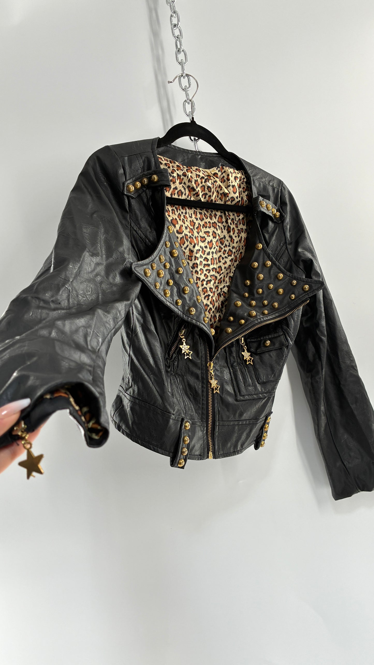 Vintage Black Vegan Leather Jacket with Oversized Lapel, Belt Loops and Pockets Covered in Heavy Duty Gold Studs (Small)