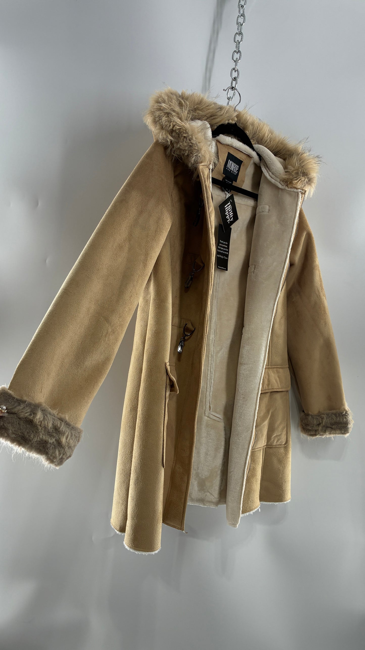 Deadstock Vintage MONROE AND MAIN Vegan Suede Coat with Fur Cuffs and Hood, Tags Attached (Medium)