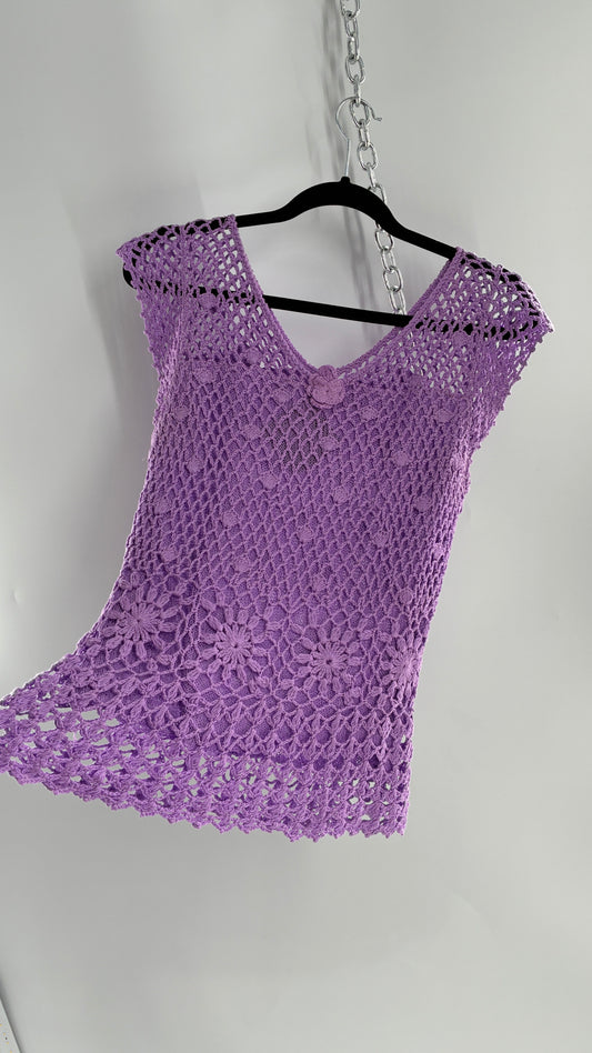 Vintage Lilac/Lavender Handmade Crochet Short Sleeve Double Layered Blouse with Rosette (S/M, stretchy)