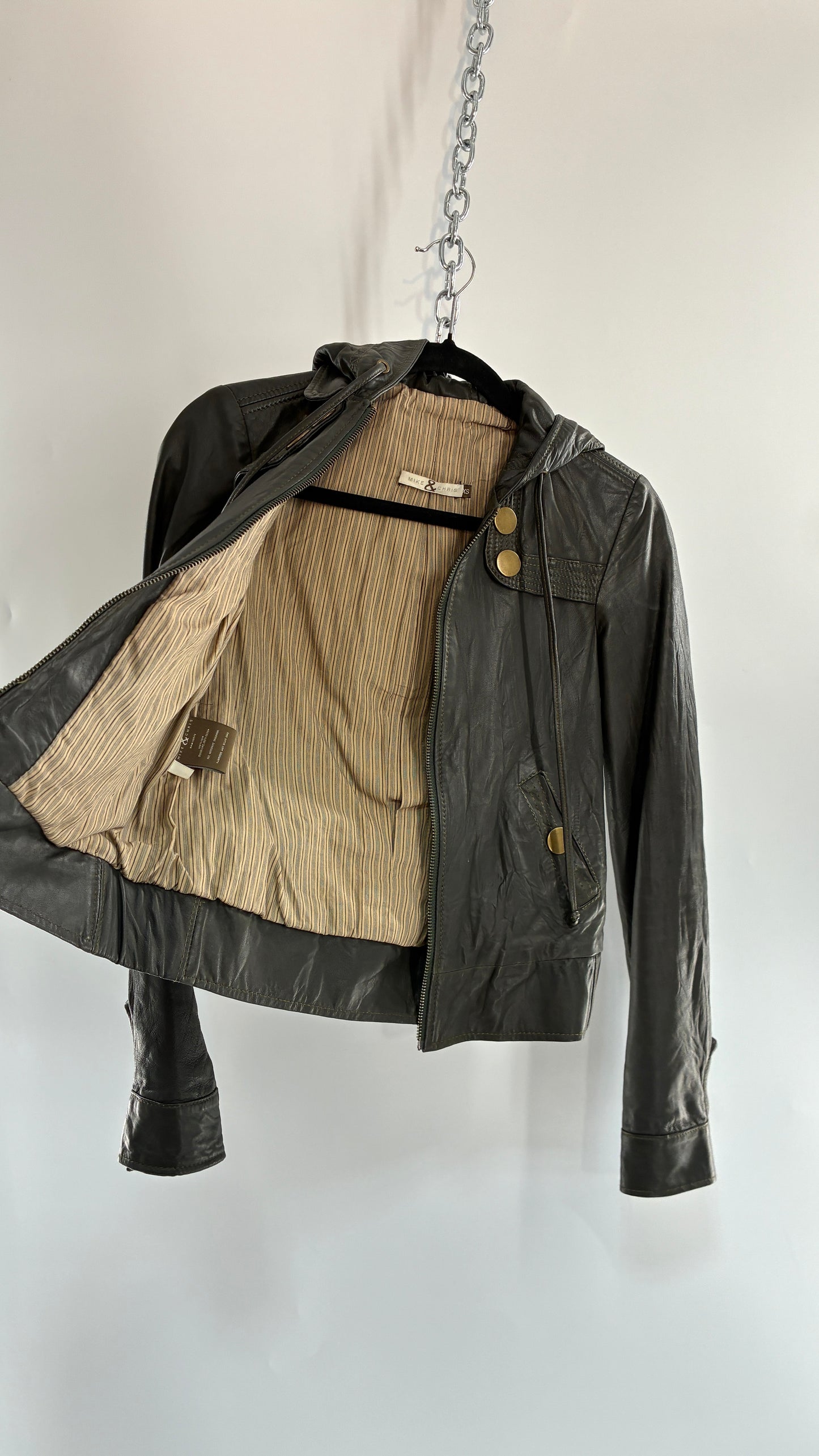 Vintage MIKE & CHRIS Grey Genuine Leather Hoodie Style Zip Front Jacket with Oversized Bronze Buttons and Contrast Stitching (XS)