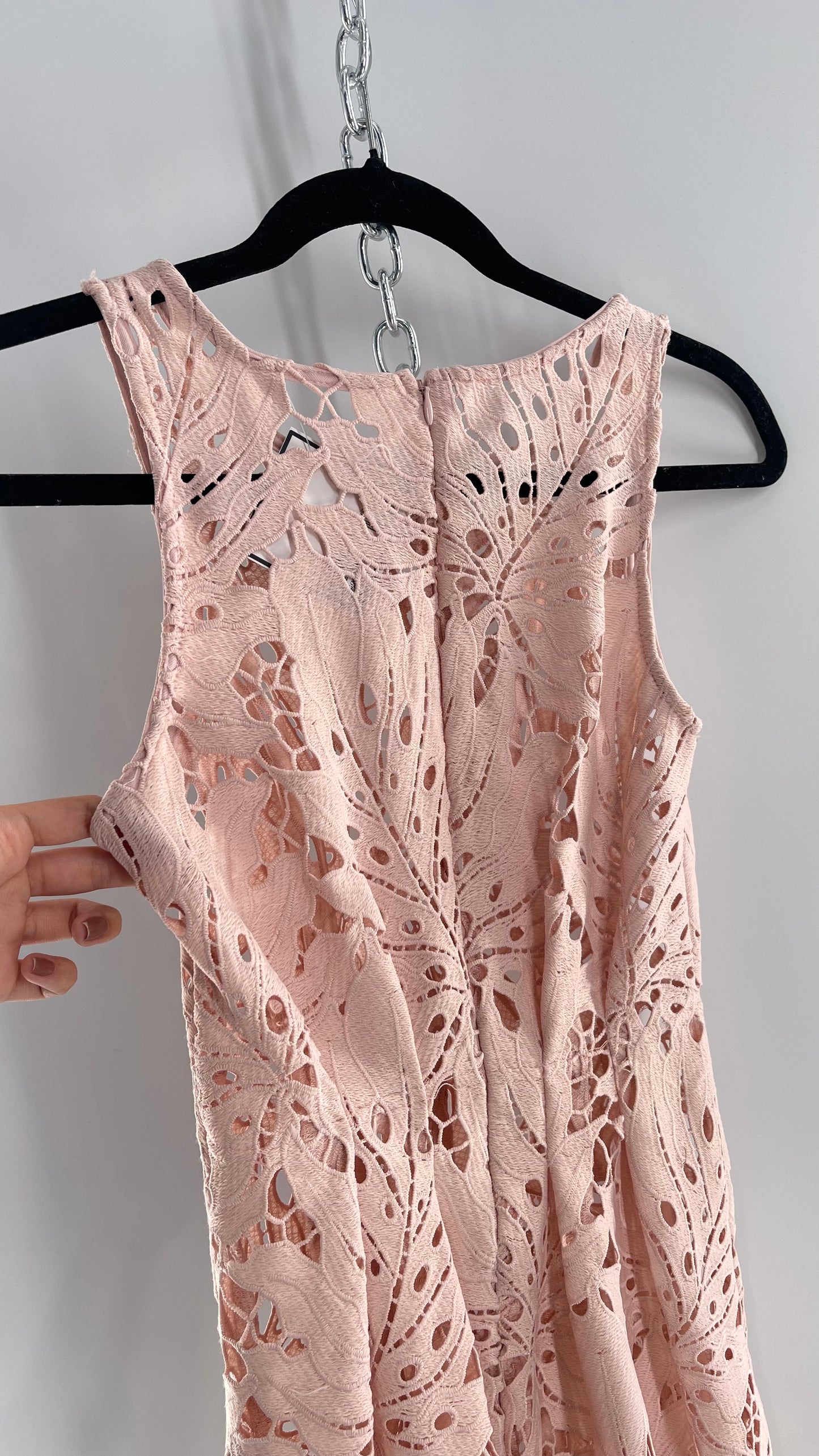 Anthropologie Eva Franco Baby Pink Completely Laser Cut Lace Palm Leaf Knee High Dress (2)