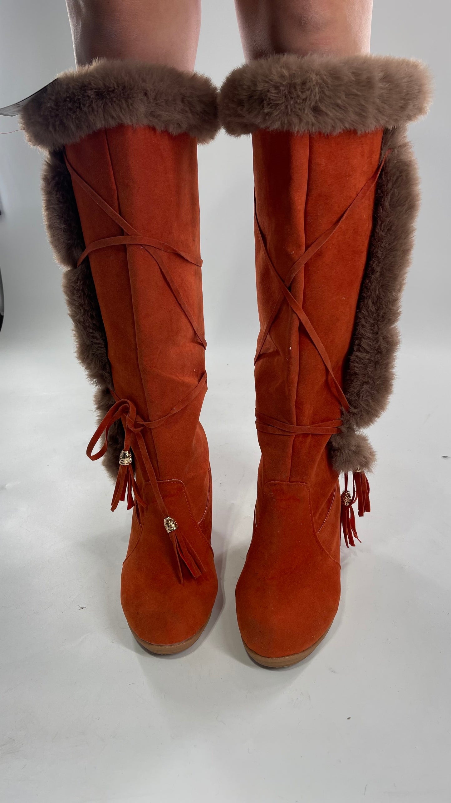 Faux Suede Lace Up Orange Wedge Boots with Faux Fur (37)