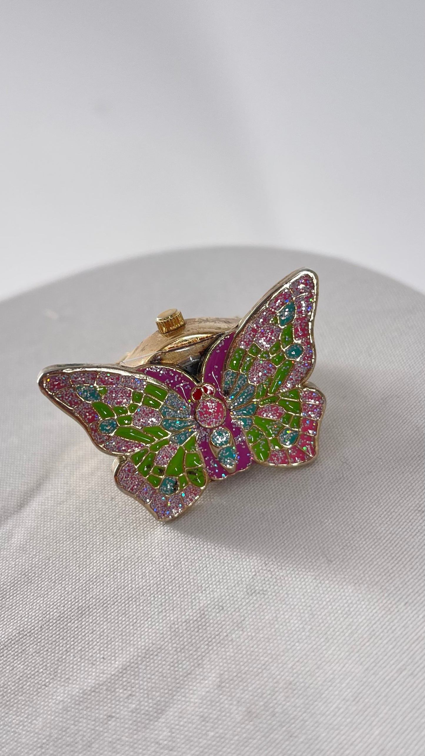 Vintage Sparkle/Glitter Gold Butterfly Ring with Watch