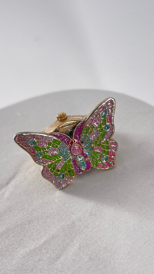 Vintage Sparkle/Glitter Gold Butterfly Ring with Watch