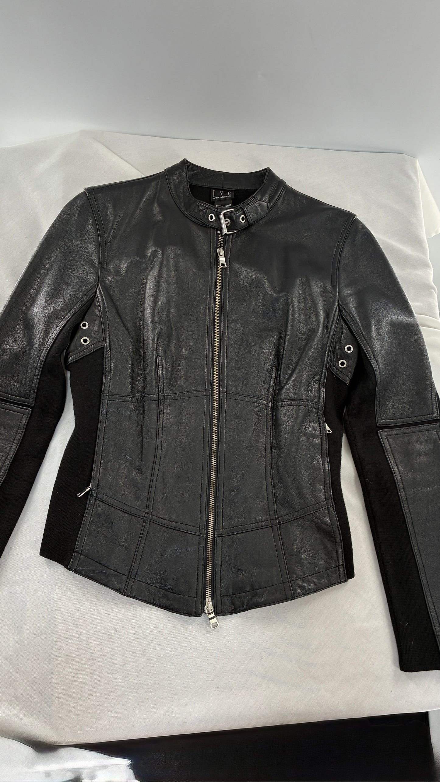 Vintage INC Black Genuine Leather and Wool Blend Paneled Patch Motorcycle Jacket (Medium)