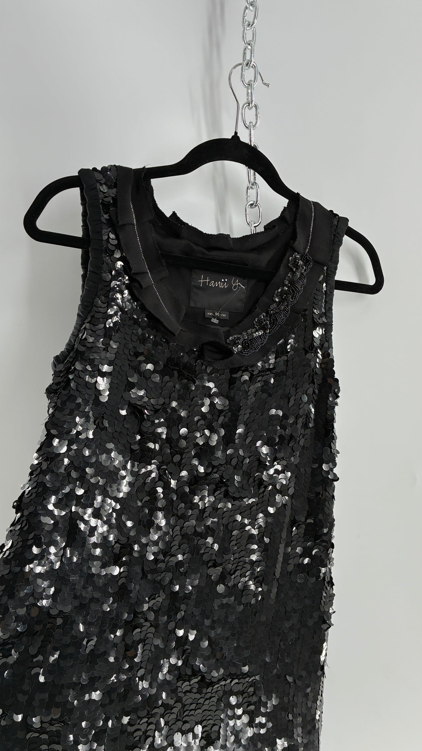 HANII Y. Black Sequin Mini Dress with Beaded, Pleated Ribbon Neckline and Bubble Hem (40)