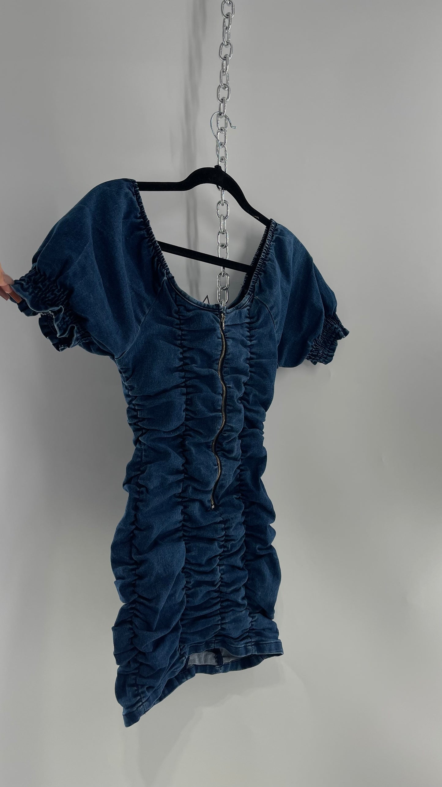 Vintage Medium Wash Denim Ruched Puff Sleeve Mini Dress (Small)