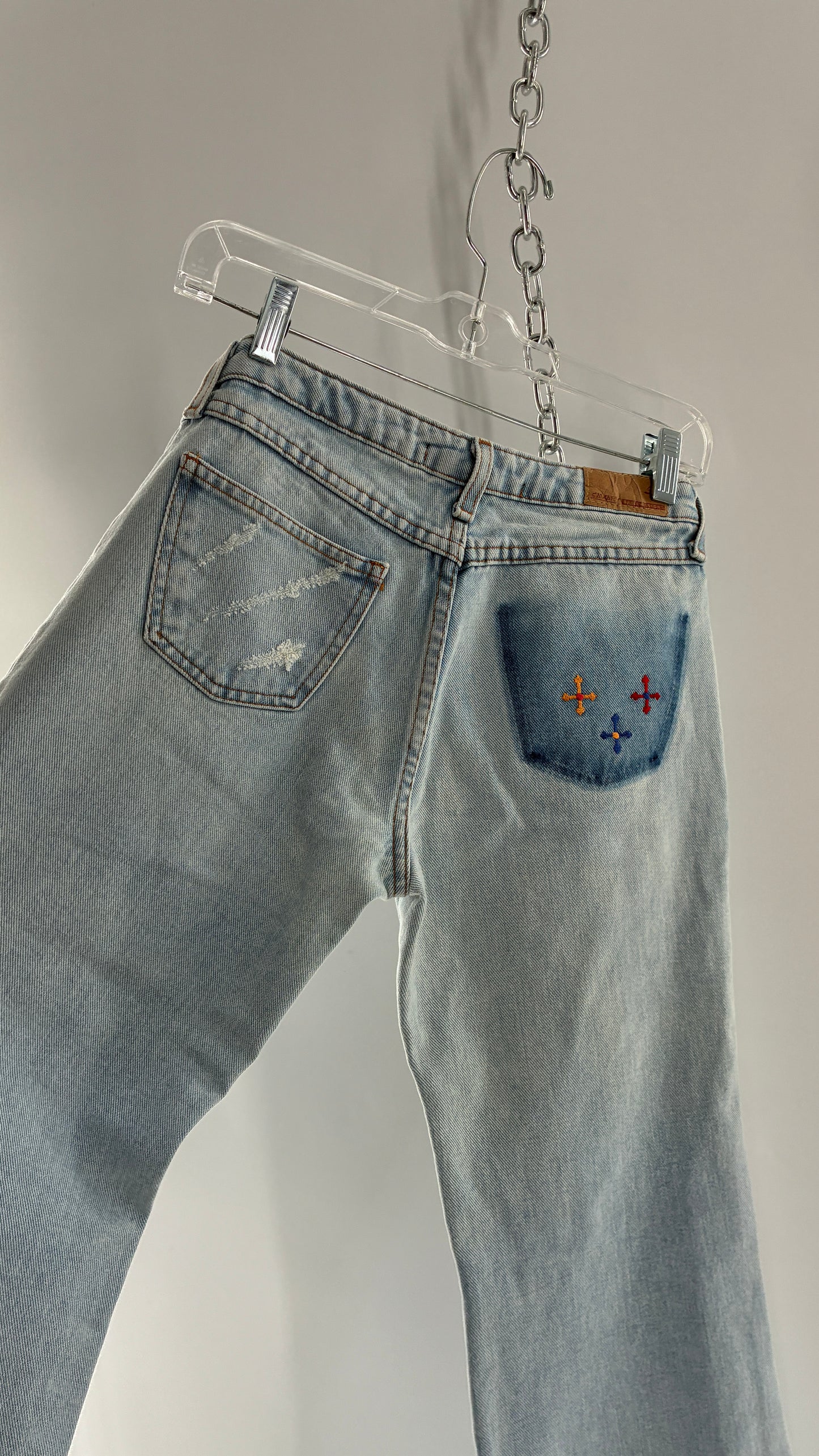 Vintage SAWARY Light Wash Brazilian Jeans with Fade and Embroidered Details (38)