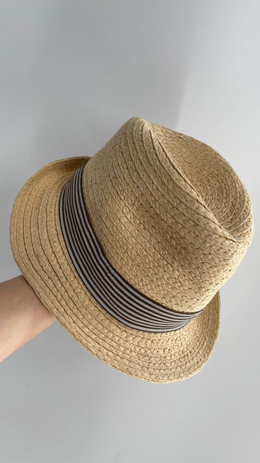 Vintage Straw Fedora with Striped Ribbon