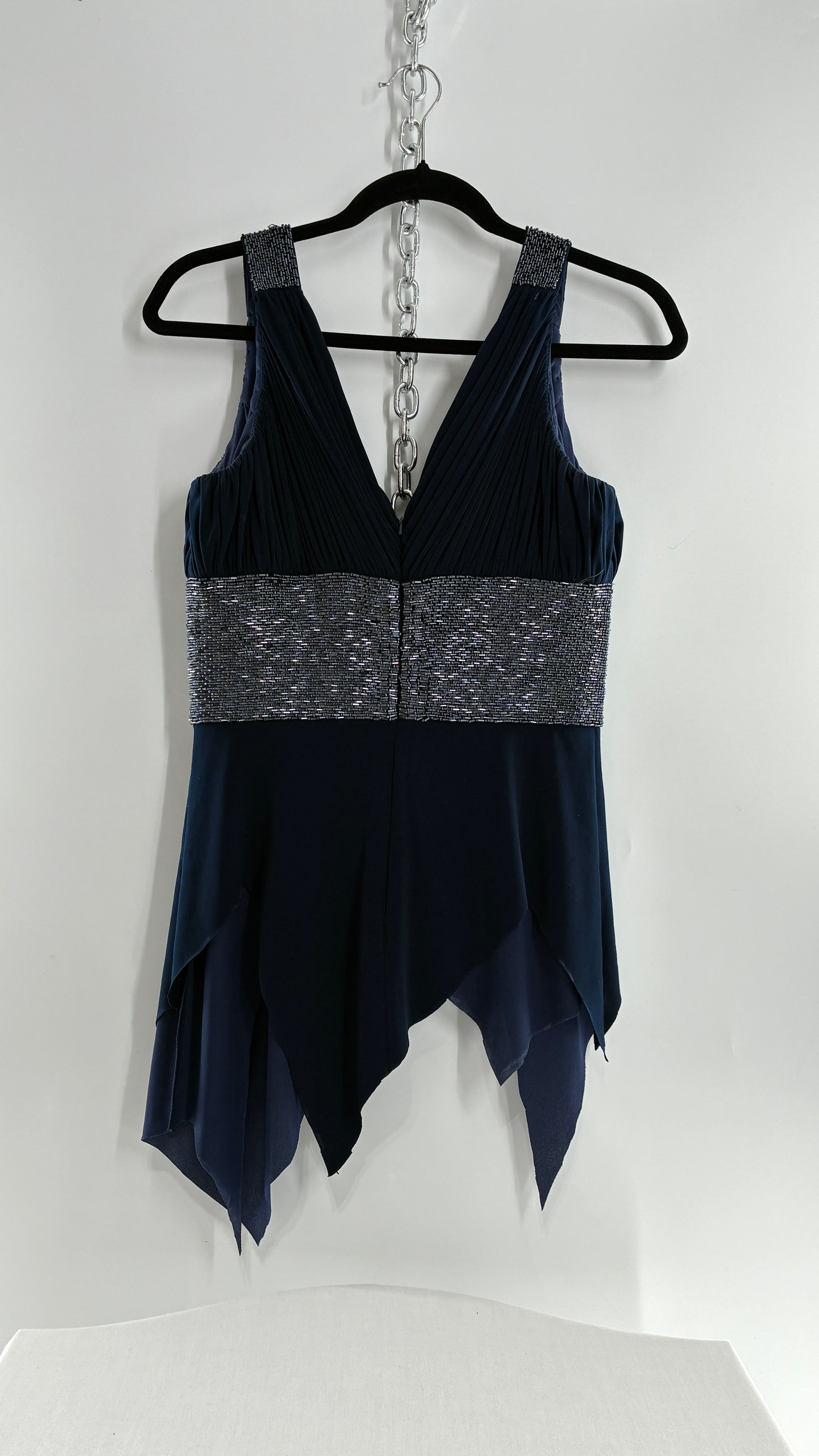 Vintage JS Boutique 1990s Navy Blue Chopped Handkerchief Hem, Beaded Underbust Panel and Pleated Bust (6)
