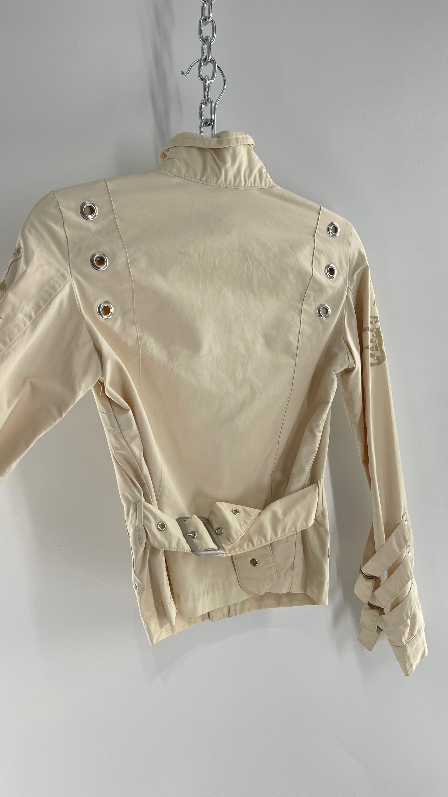 Vintage REPLAY Beige 1990s Italian Moto Jacket with Embossed Buttons, Buckle Cuffs, Dragon Graphic and Neck Strap (XS)