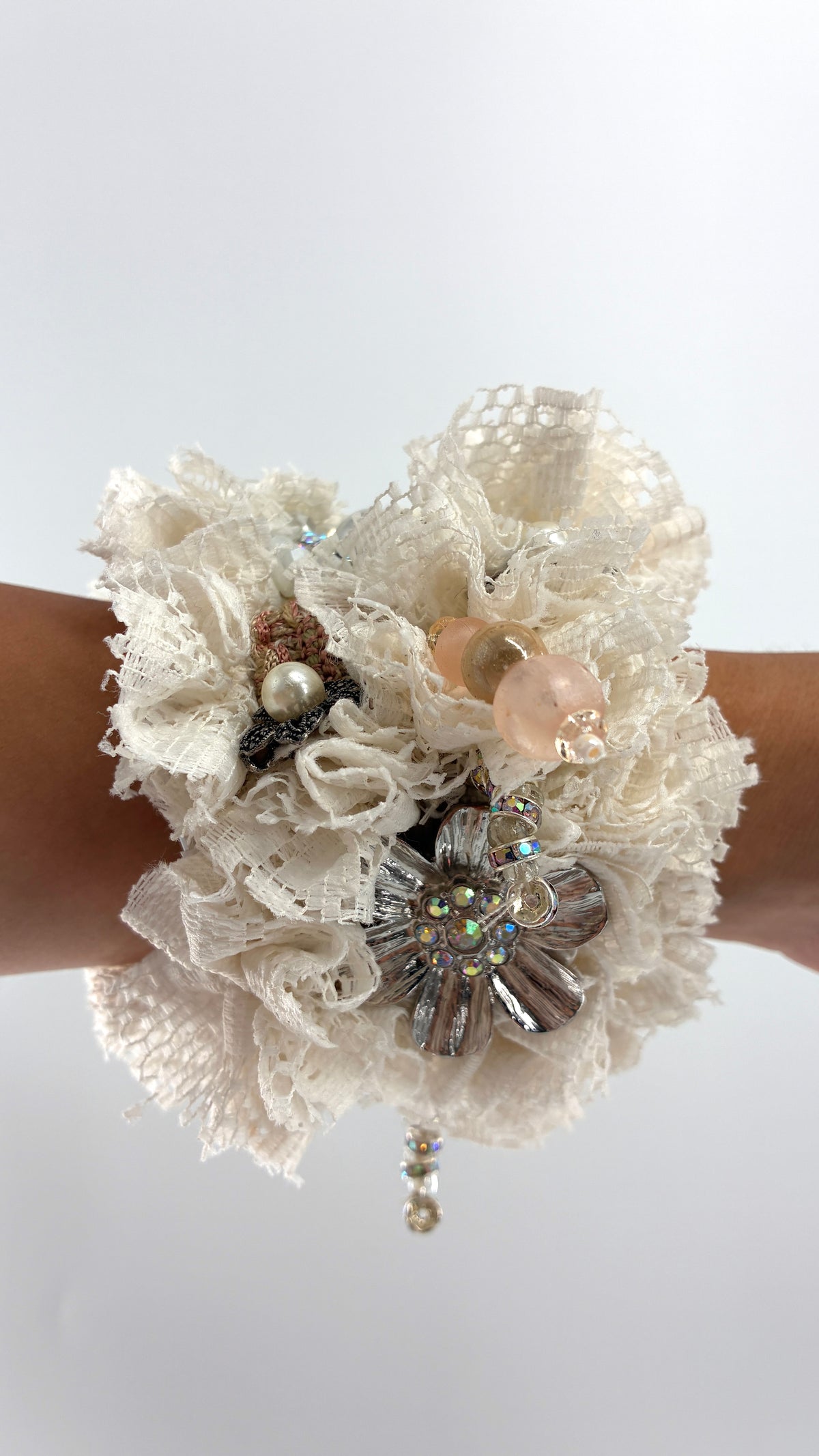 Handmade Oversized Ivory Lace Rosette & Jeweled Charm Statement Cuff